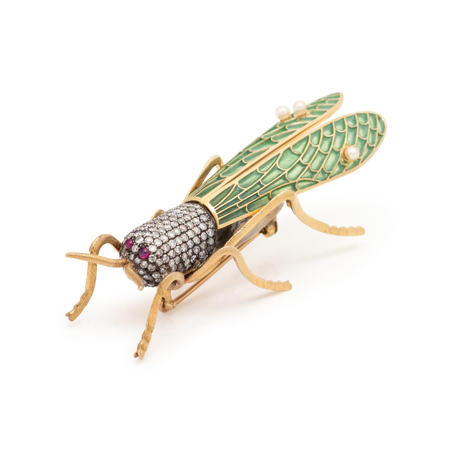 EVELYN CLOTHIER, DIAMOND, PLIQUE-À-JOUR ENAMEL AND CULTURED PEARL GRASSHOPPER BROOCH