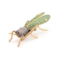 EVELYN CLOTHIER, DIAMOND, PLIQUE-À-JOUR ENAMEL AND CULTURED PEARL GRASSHOPPER BROOCH