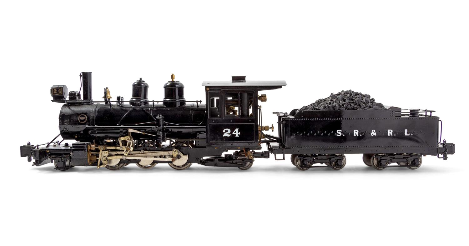 A Roundhouse Painted Metal G-Gauge S.R & R.L 2-6-2 Locomotive and Tender