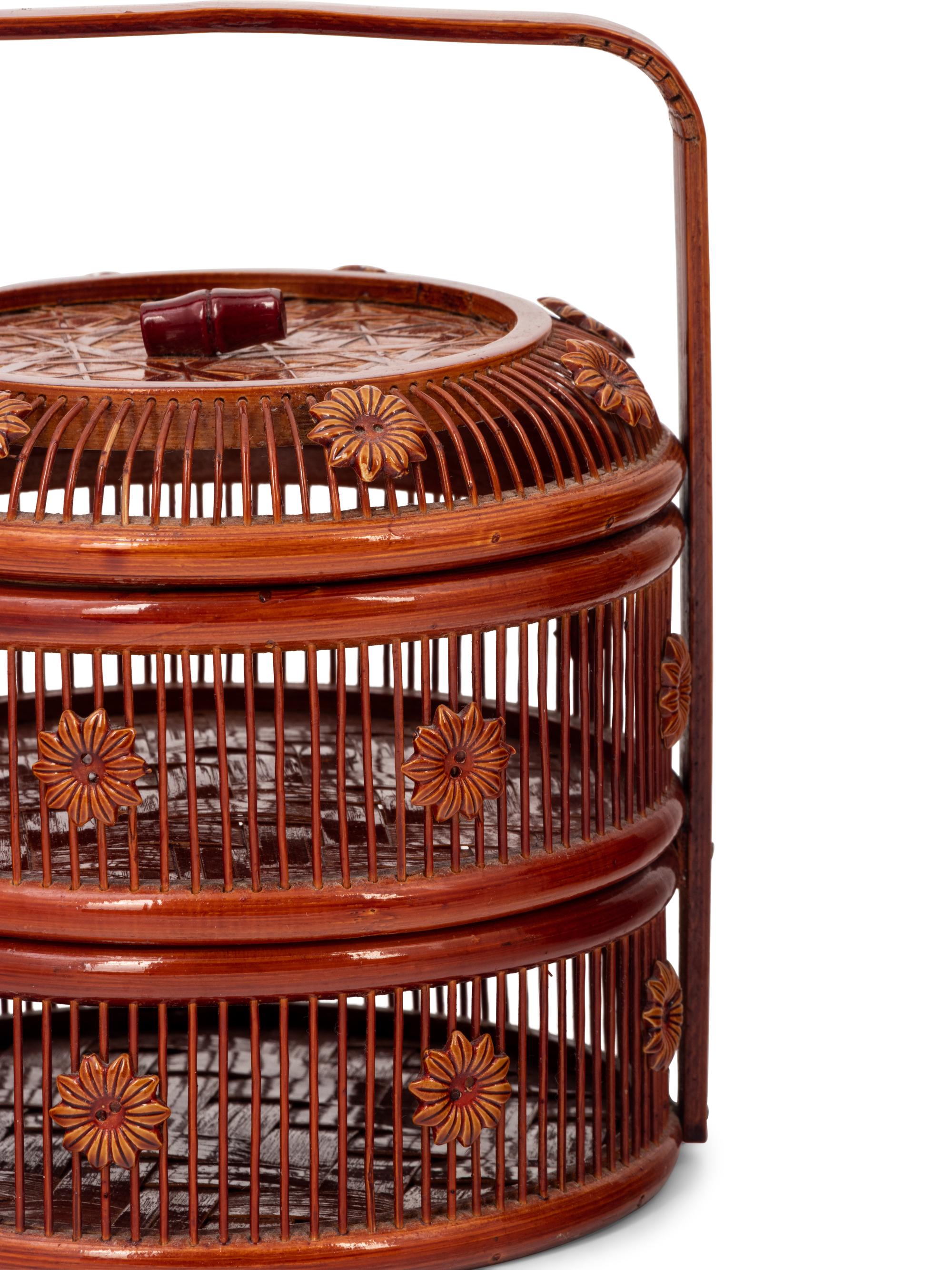 Two Chinese Lacquered Wood and Bamboo Food Baskets