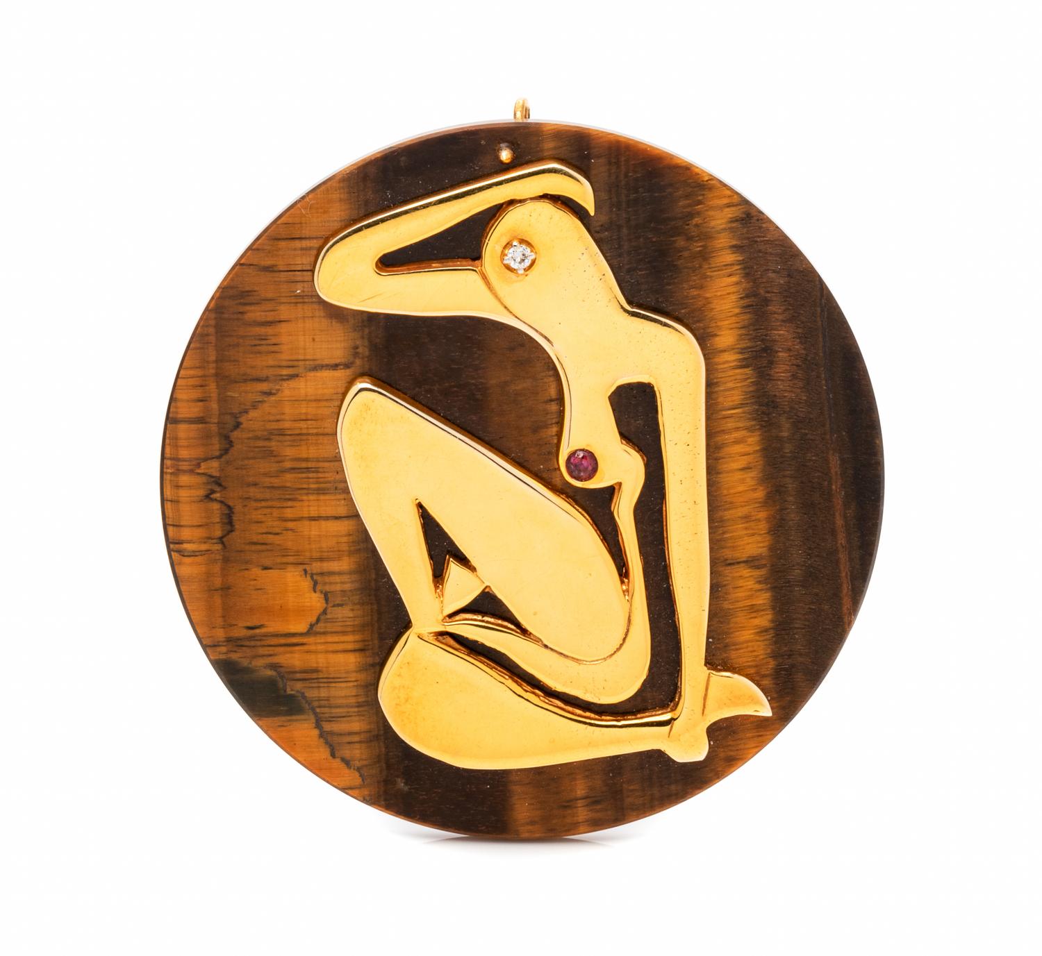 A Vintage Yellow Gold, Tiger's Eye, Diamond and Ruby Pendant/Brooch, 24.90 dwts.