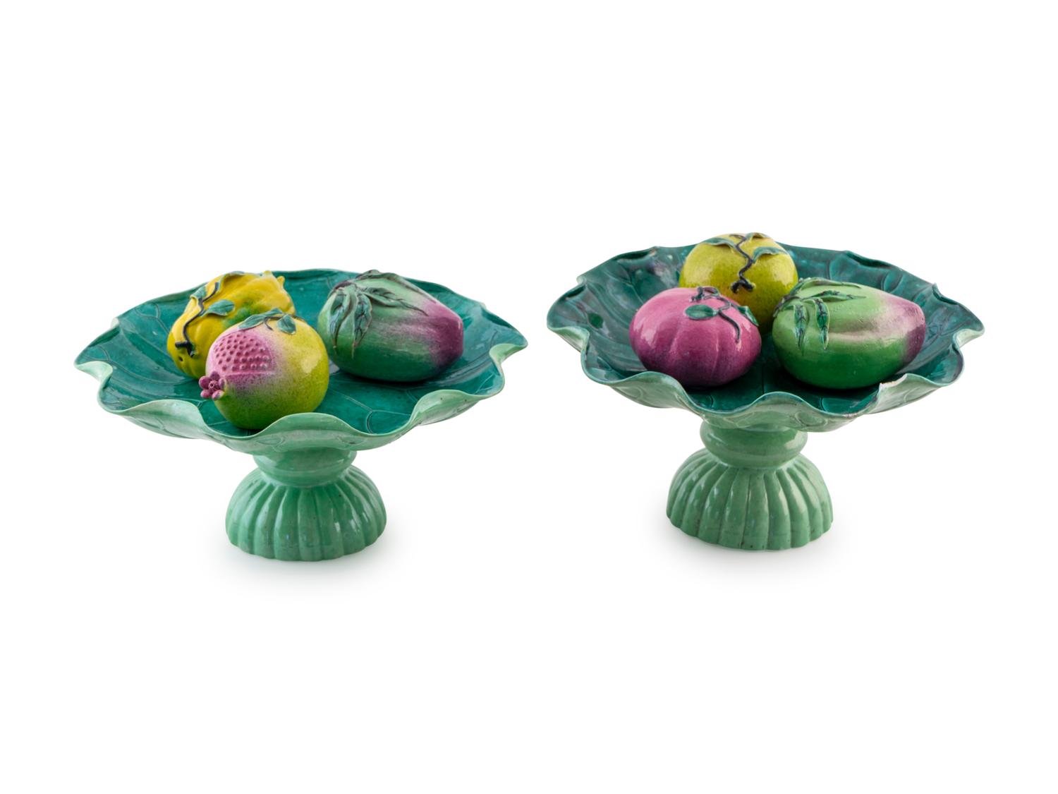A Pair of Chinese Lotus-form Ceramic Compotes each with Three Fruit Offerings — 19TH CENTURY