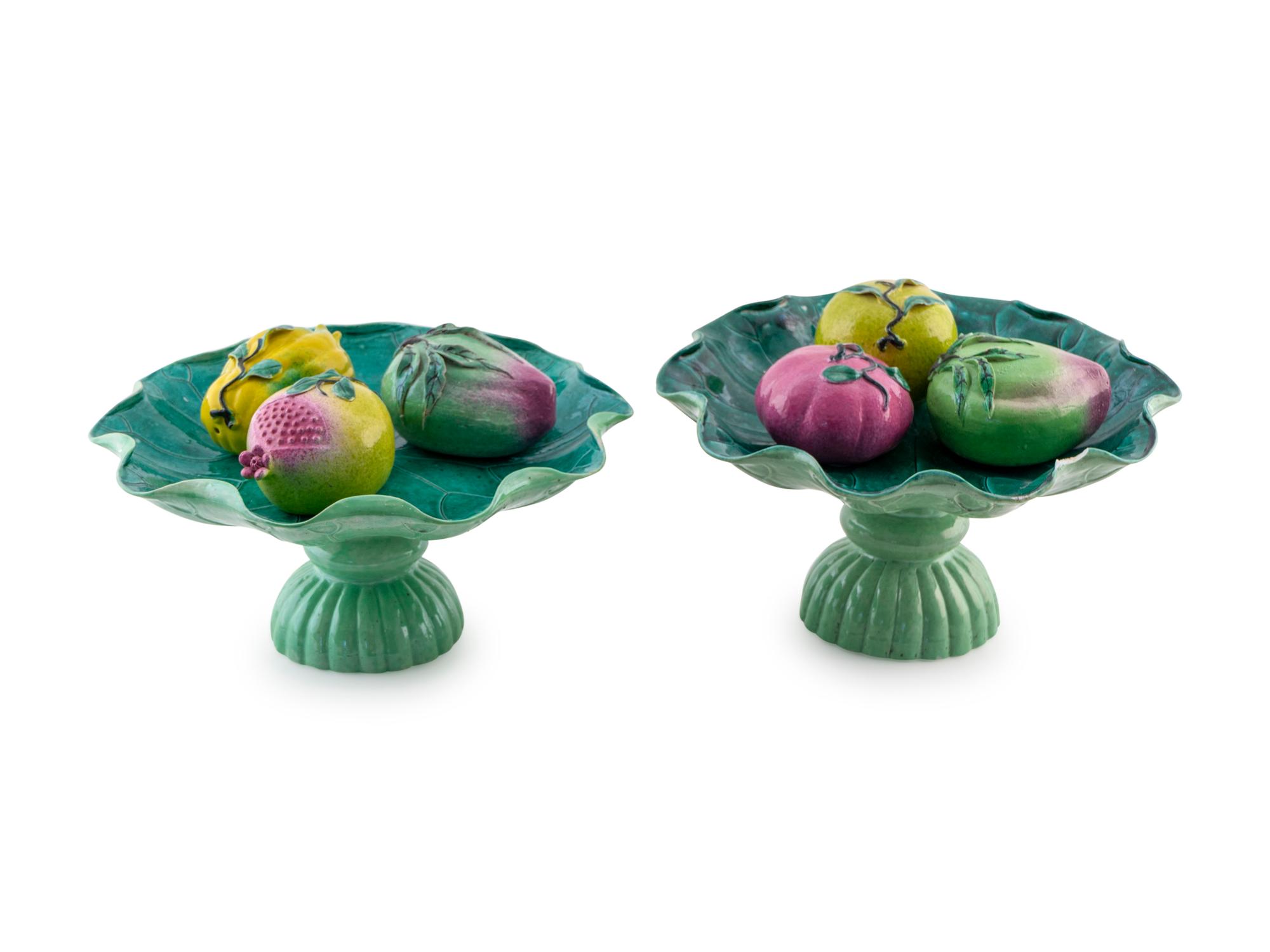 A Pair of Chinese Lotus-form Ceramic Compotes each with Three Fruit Offerings — 19TH CENTURY