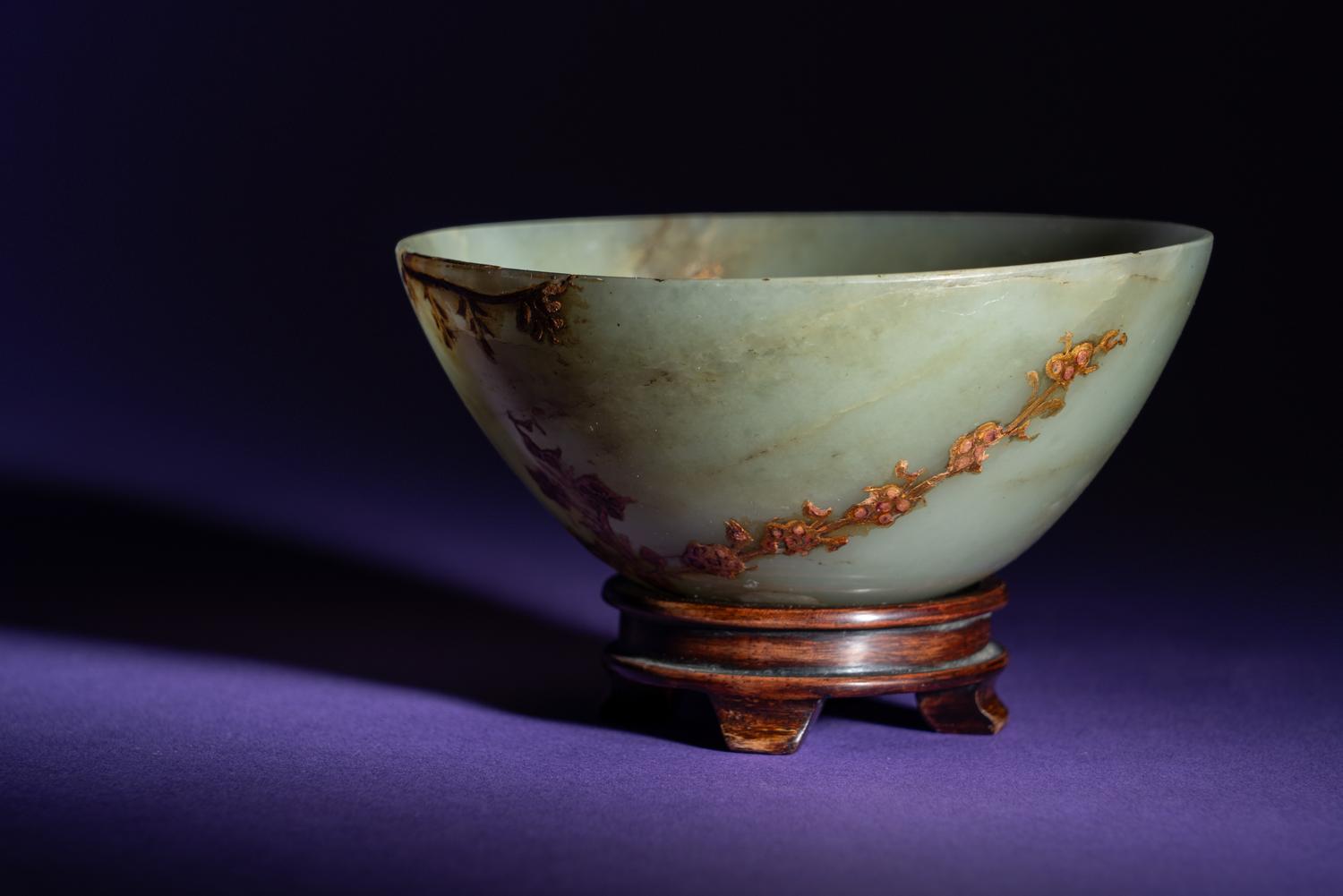 A Chinese Gilt Decorated Celadon Jade Bowl
