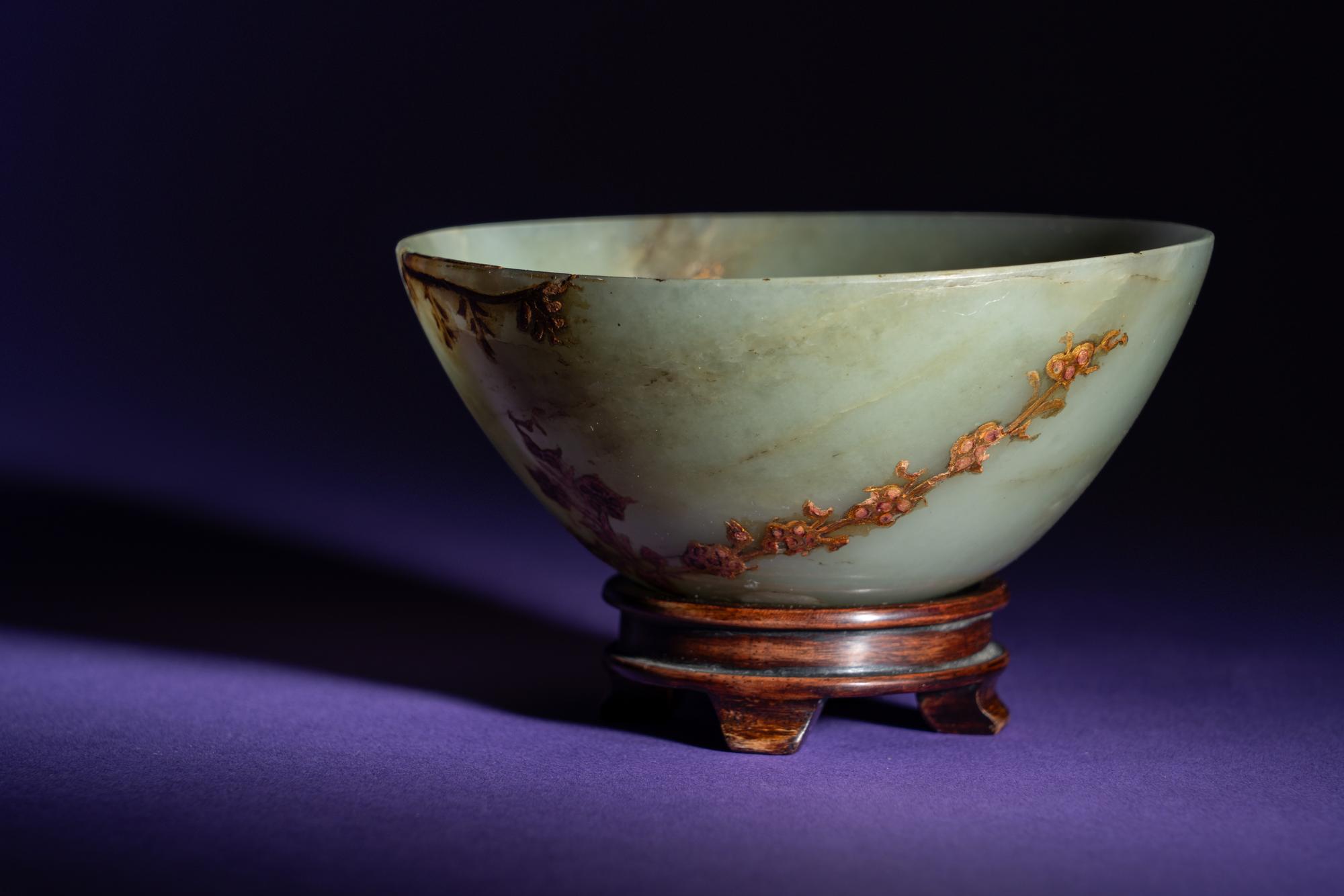 A Chinese Gilt Decorated Celadon Jade Bowl