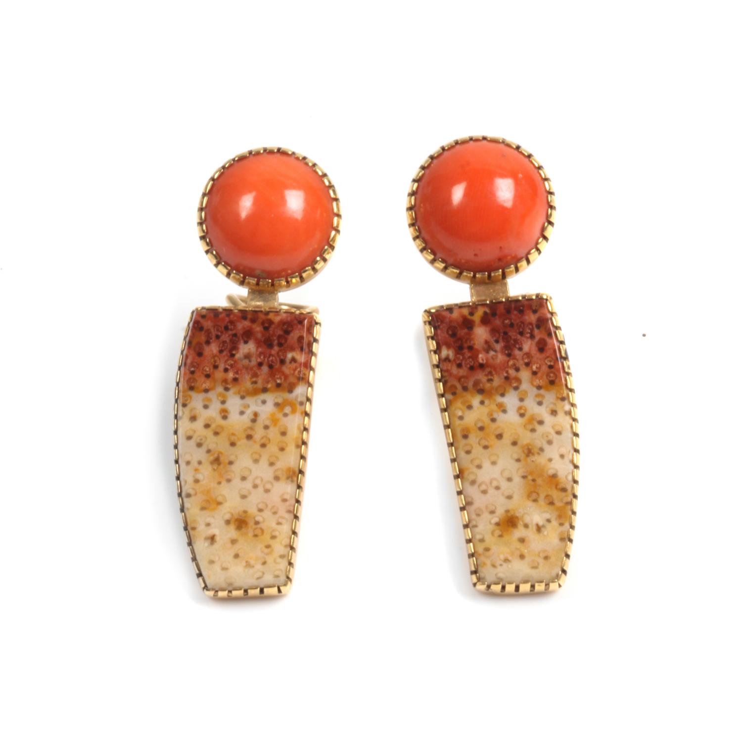 Gail Bird (b. 1949) and Yazzie Johnson (b. 1946), Pair of 18 Karat Yellow Gold and Coral Earclips Length 1 3/4 inches