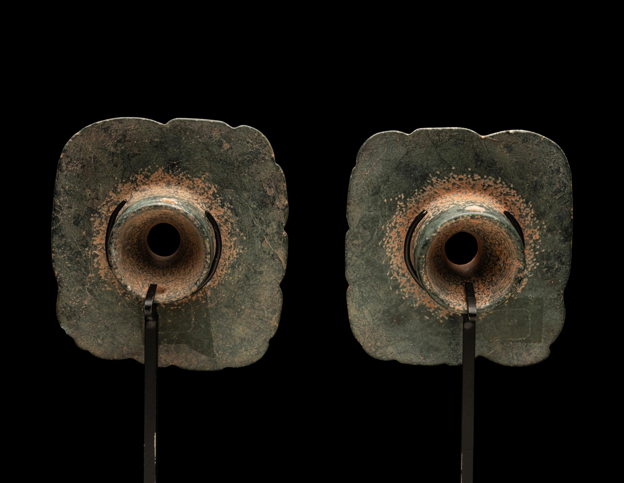 A Pair of Maya Jade Earspools in the Form of a Quetzal Bird