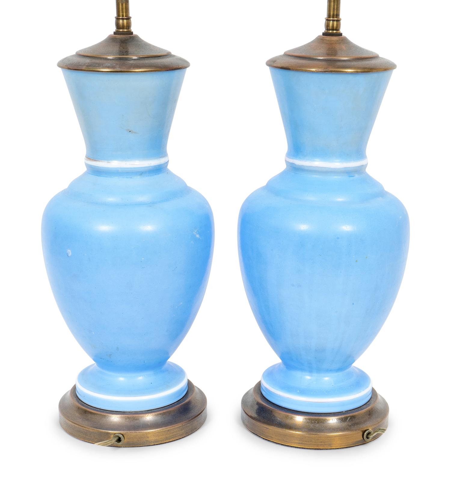 A Pair of French Painted Satin Glass Vases Mounted as Lamps