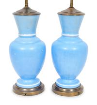 A Pair of French Painted Satin Glass Vases Mounted as Lamps