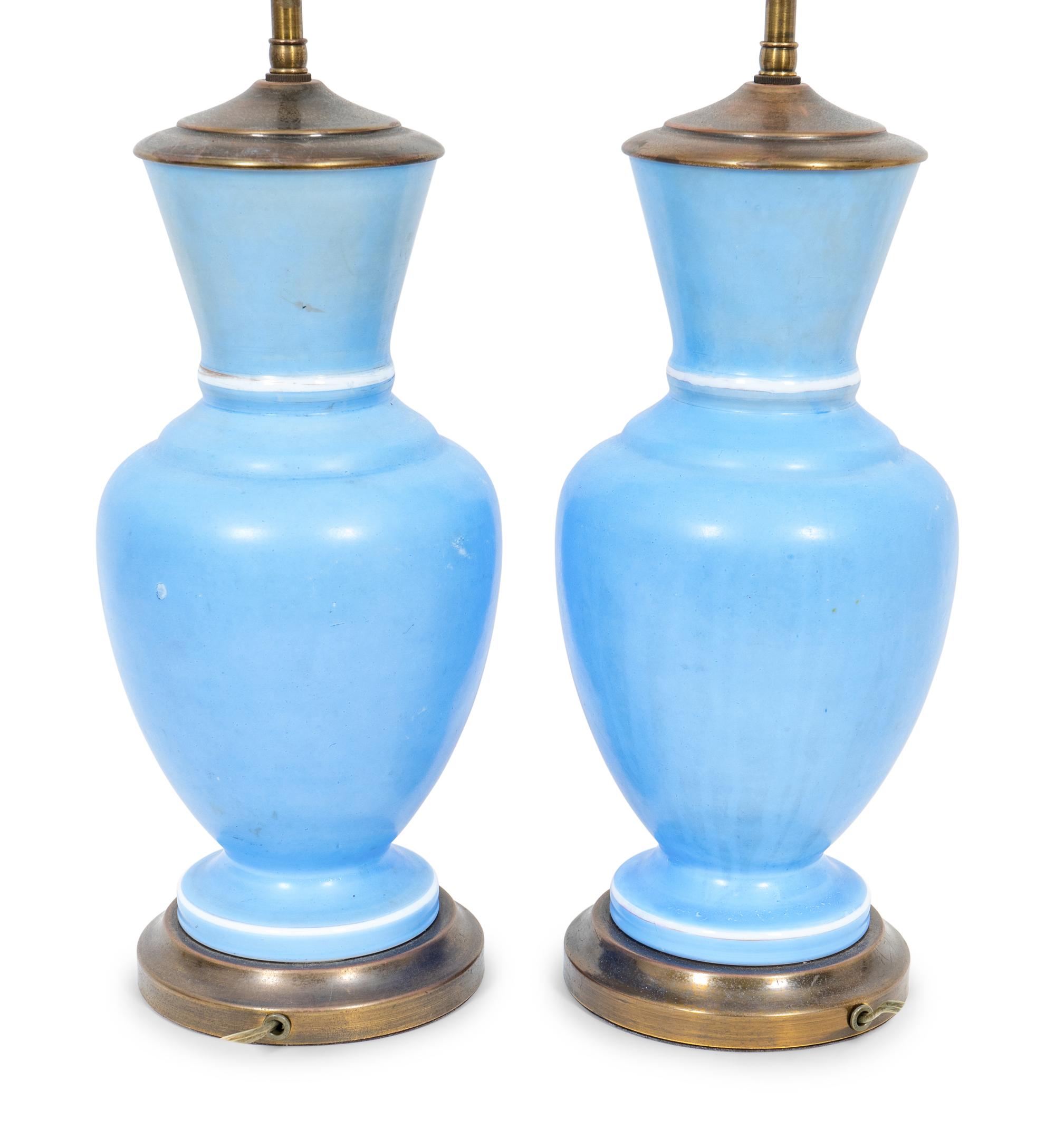A Pair of French Painted Satin Glass Vases Mounted as Lamps
