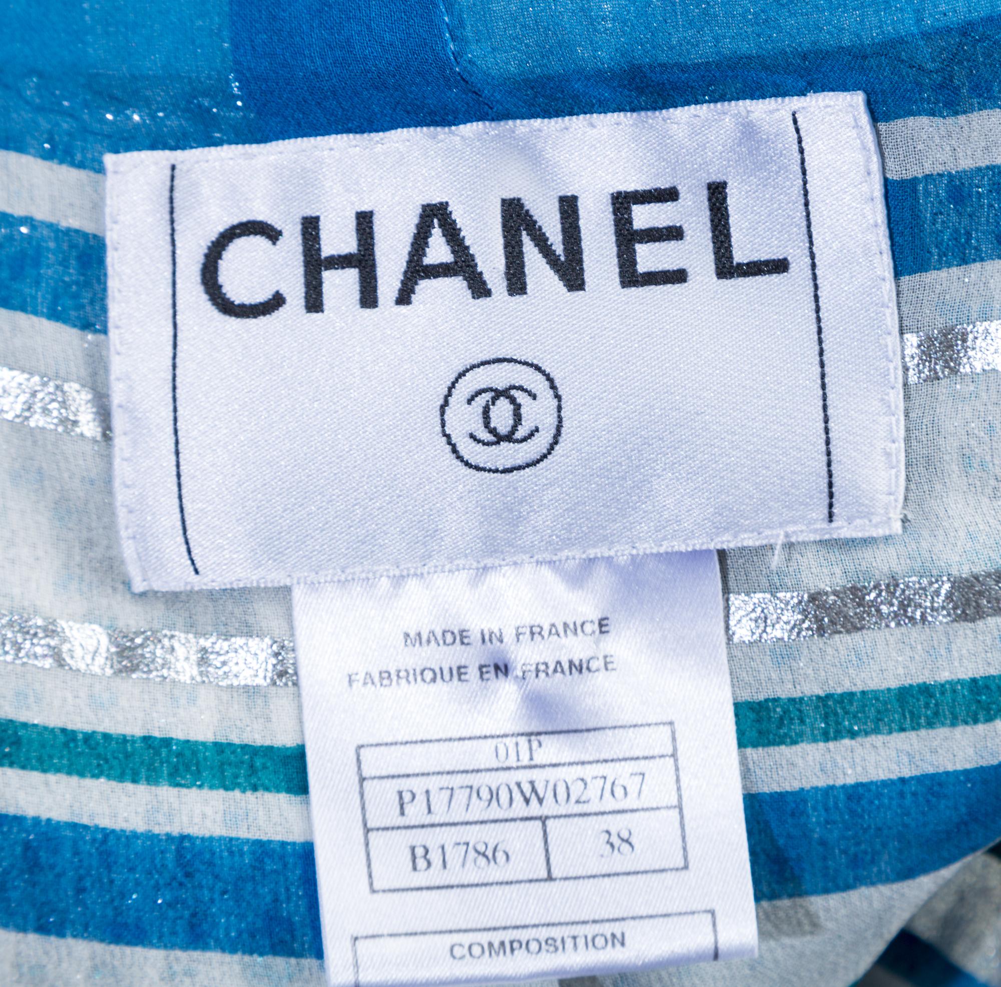 A Chanel Blue and Silver Boucle Skirt Ensemble, Size 38.