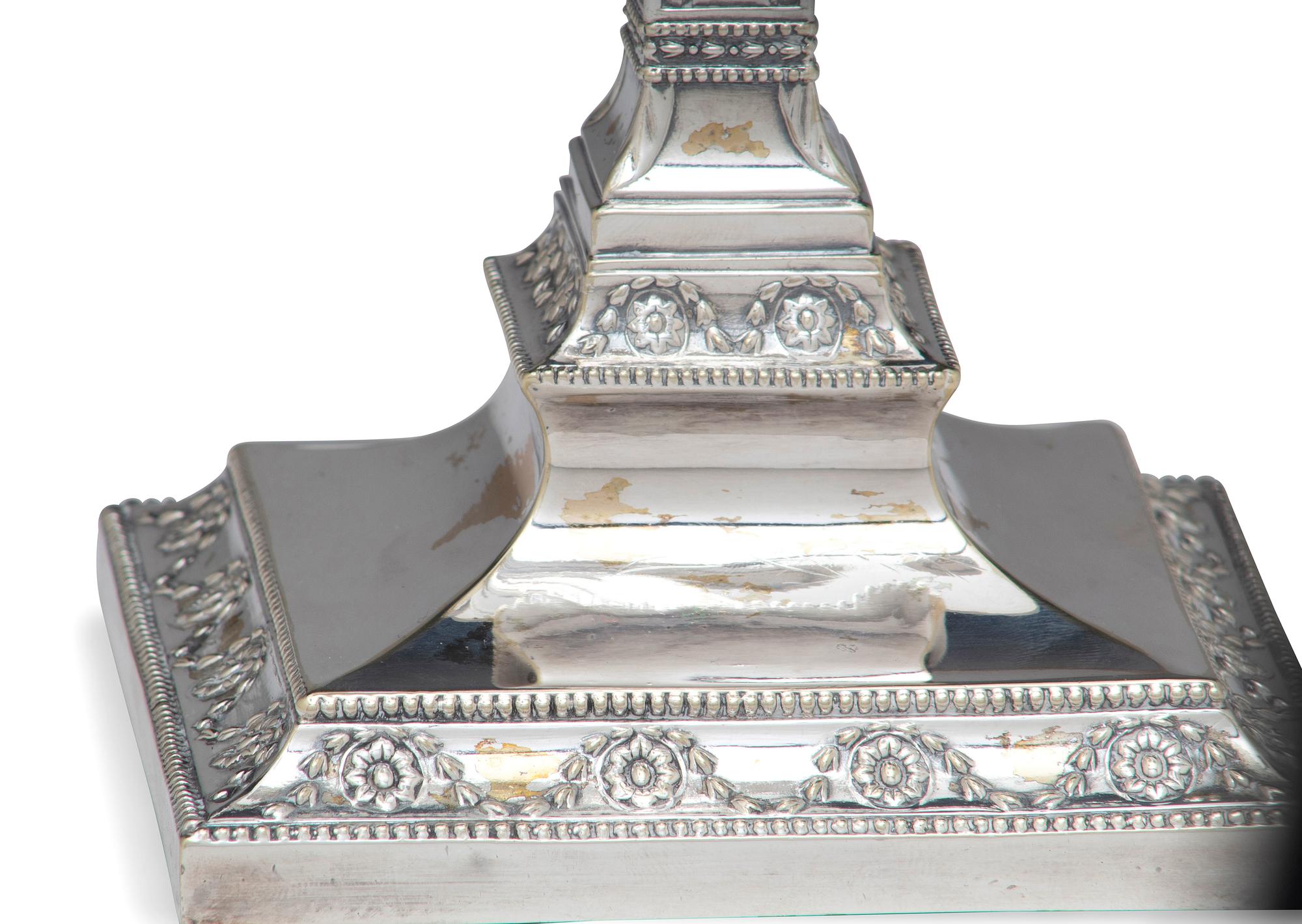 A Pair of Neoclassical Silver-Plate Four-Light Convertible Candelabra