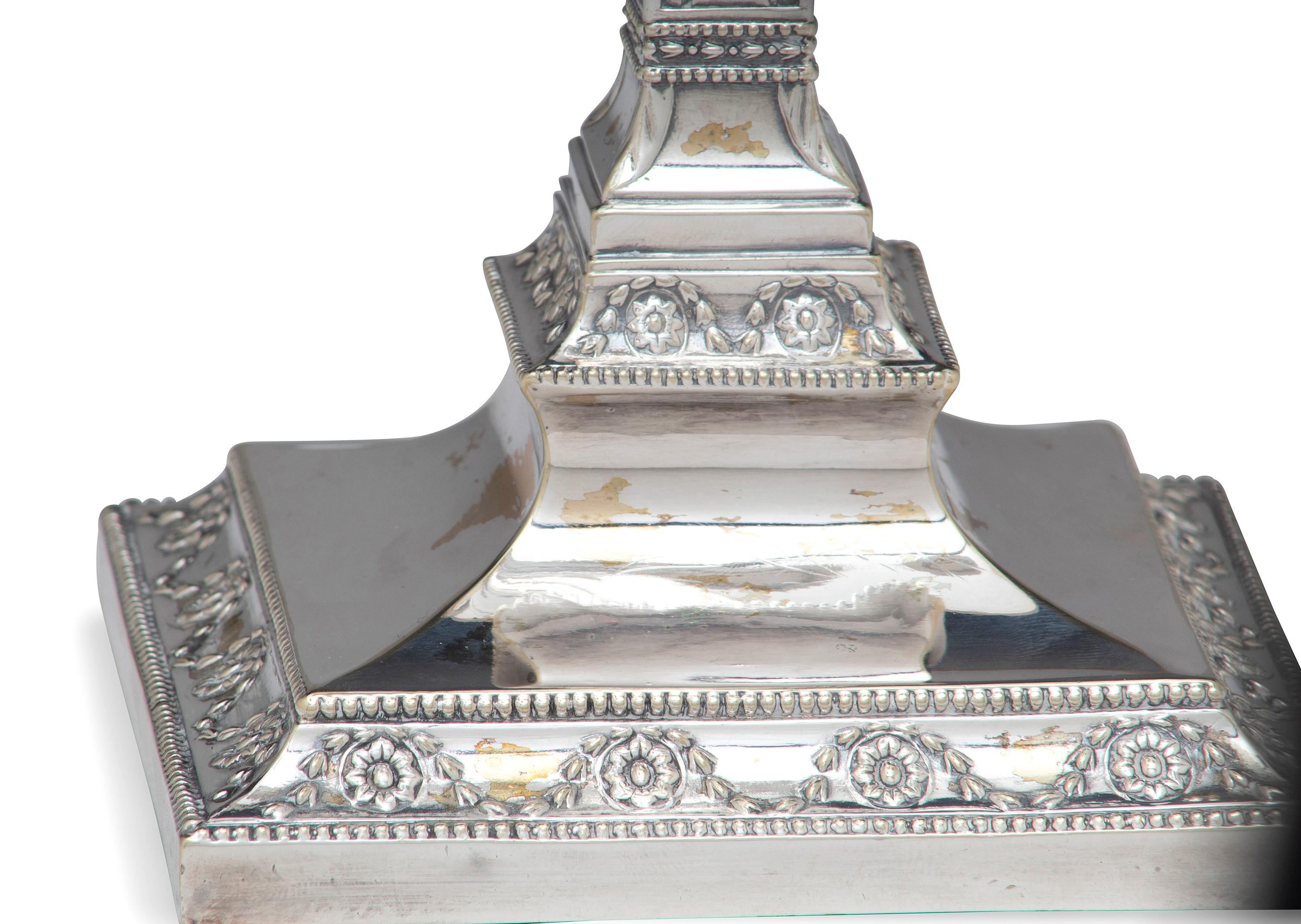 A Pair of Neoclassical Silver-Plate Four-Light Convertible Candelabra