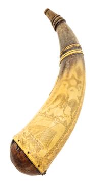 An American Folk Decorated Powder Horn Length 11 1/2 inches. — CIRCA 1776