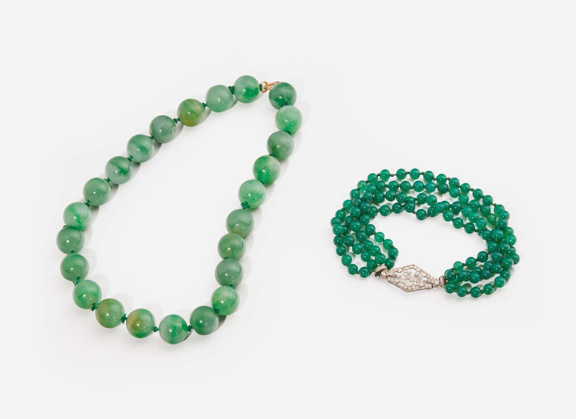A Jadeite Bead Necklace and Green Beaded Bracelet