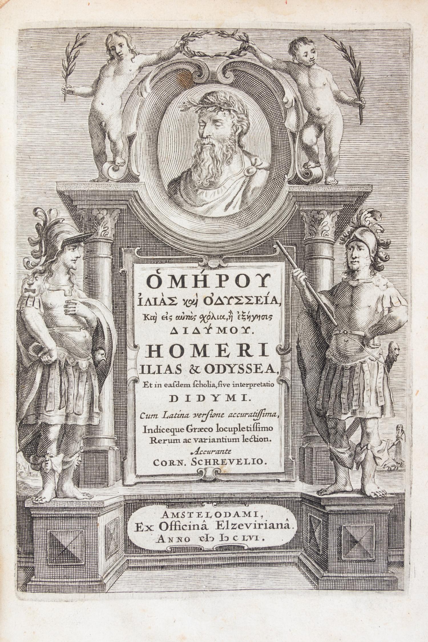 (HOMER) SCHREVEL, CORNELIUS. Ilias & Odyssea. Amsterdam: Elzevir, 1656. 2 vols.