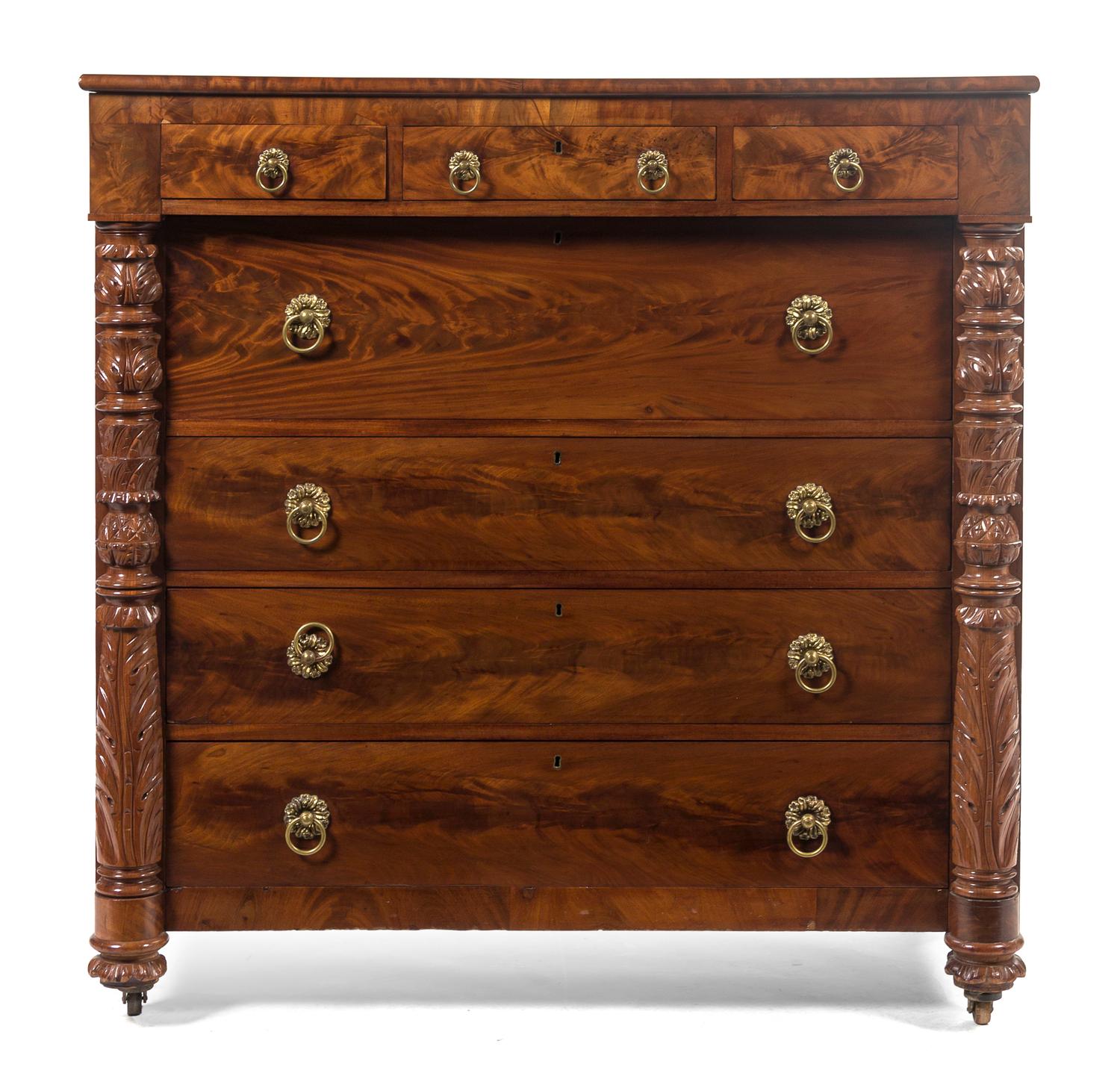 An American Classical Mahogany Chest of Drawers, Height 48 x width 46 3/4 x depth 22 inches.