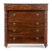 An American Classical Mahogany Chest of Drawers, Height 48 x width 46 3/4 x depth 22 inches.