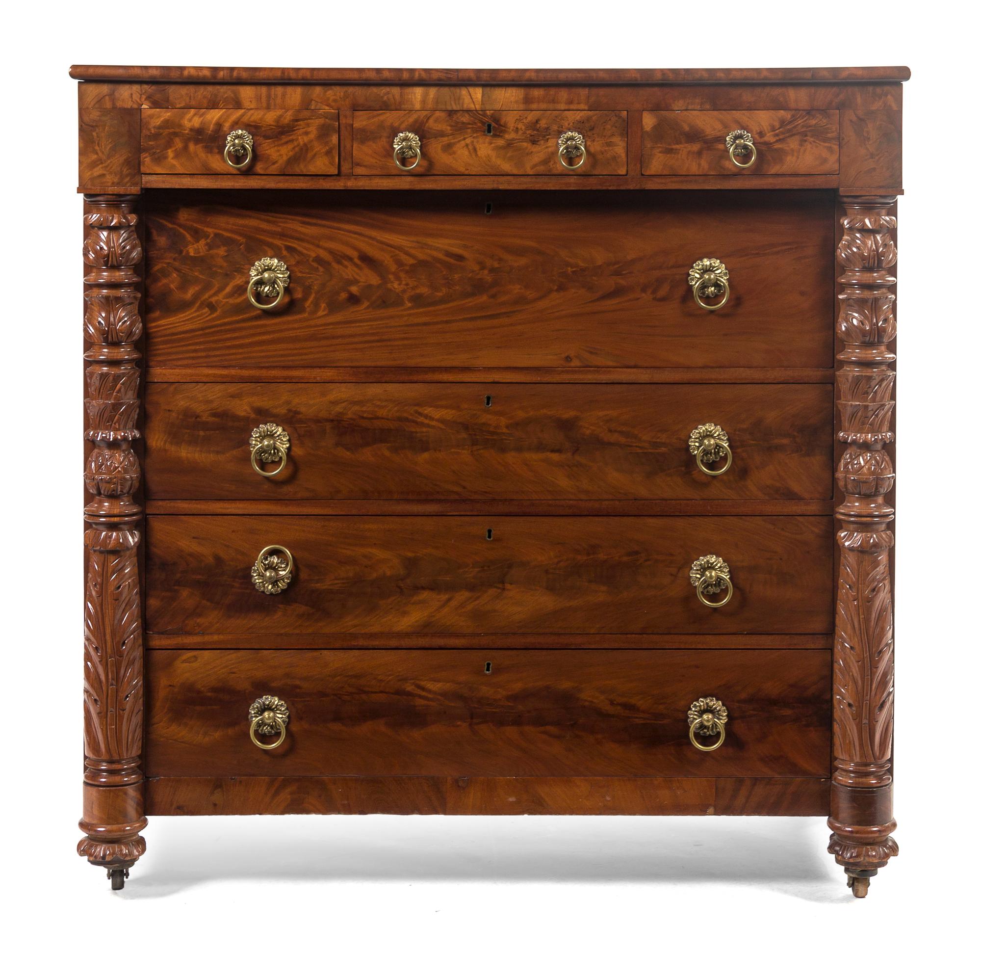 An American Classical Mahogany Chest of Drawers, Height 48 x width 46 3/4 x depth 22 inches.