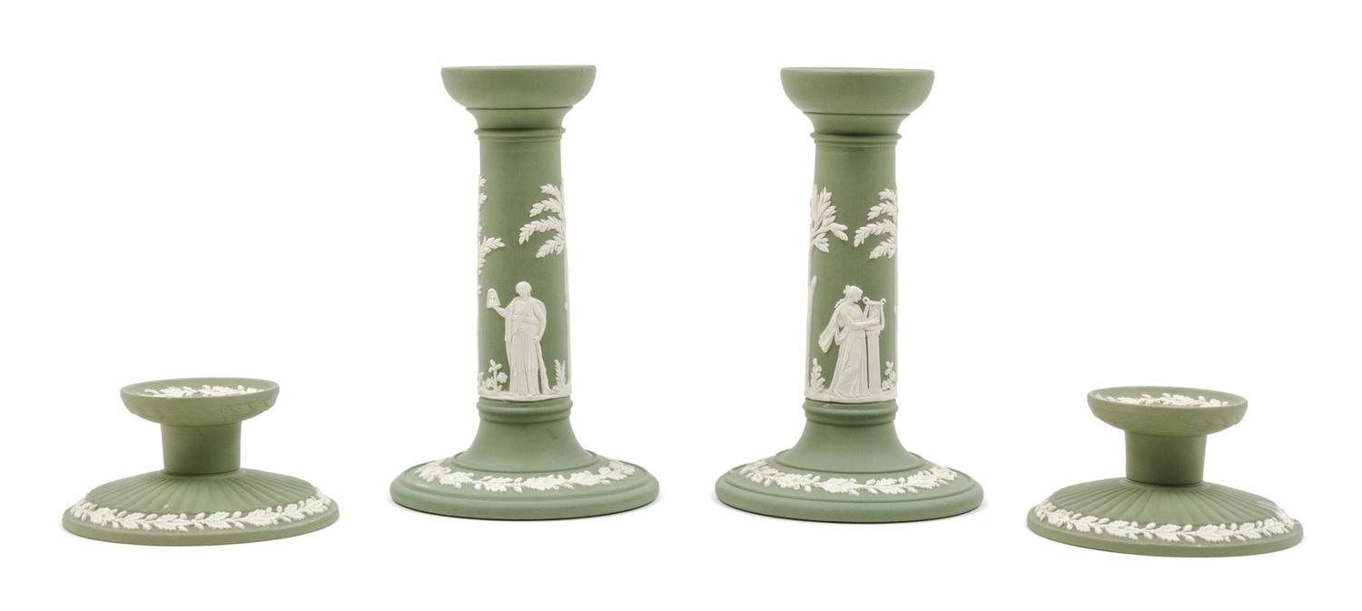 Two Pairs of Wedgwood Jasperware Candlesticks Height of taller pair 6 1/2 inches. — 20TH CENTURY