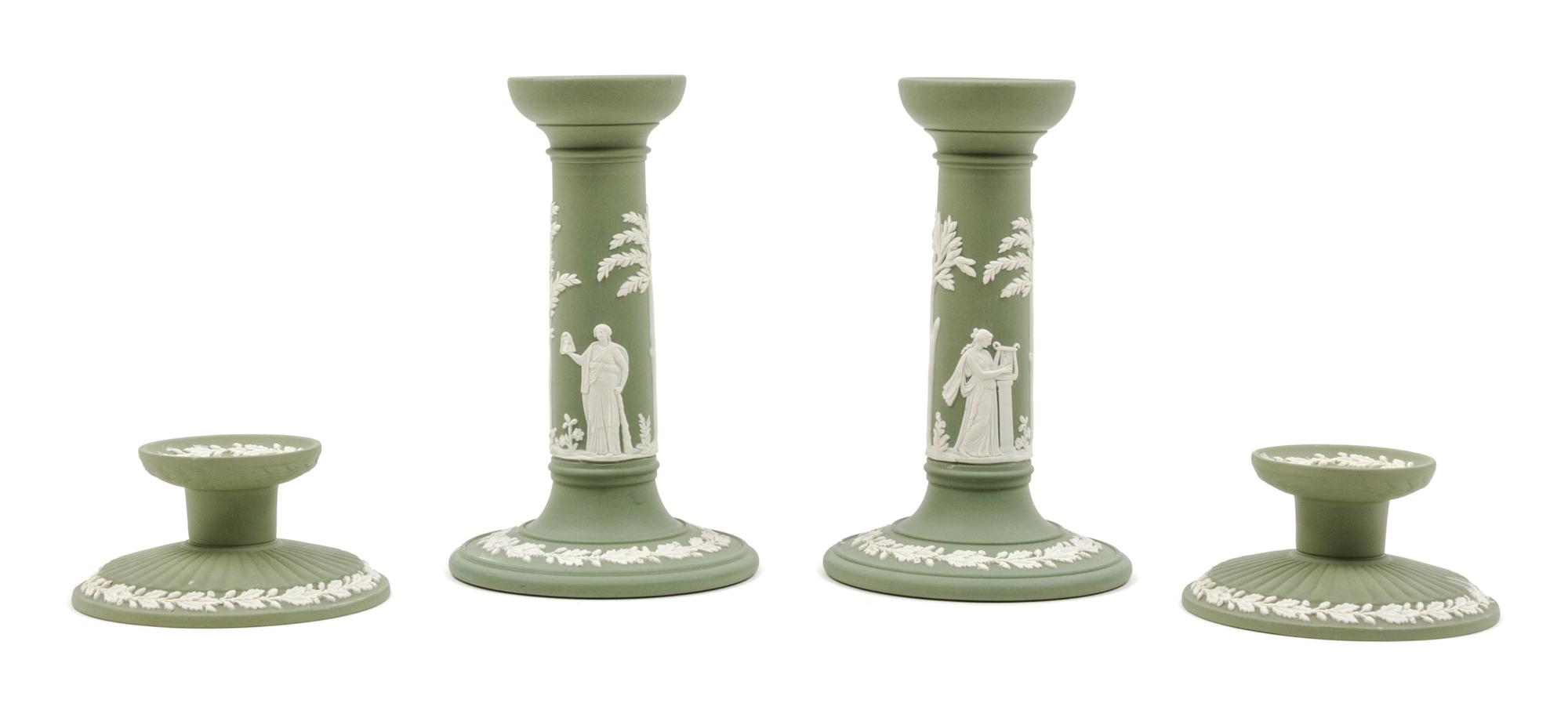 Two Pairs of Wedgwood Jasperware Candlesticks Height of taller pair 6 1/2 inches. — 20TH CENTURY