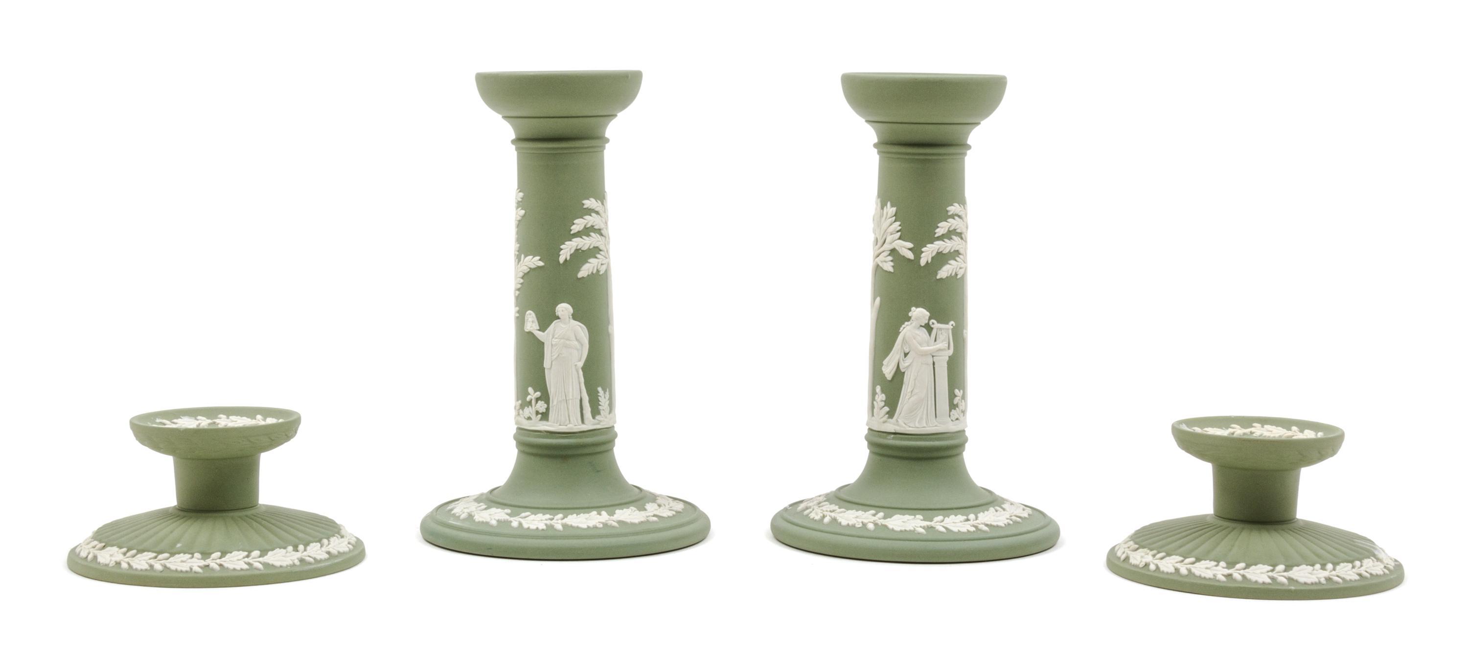 Two Pairs of Wedgwood Jasperware Candlesticks Height of taller pair 6 1/2 inches. — 20TH CENTURY