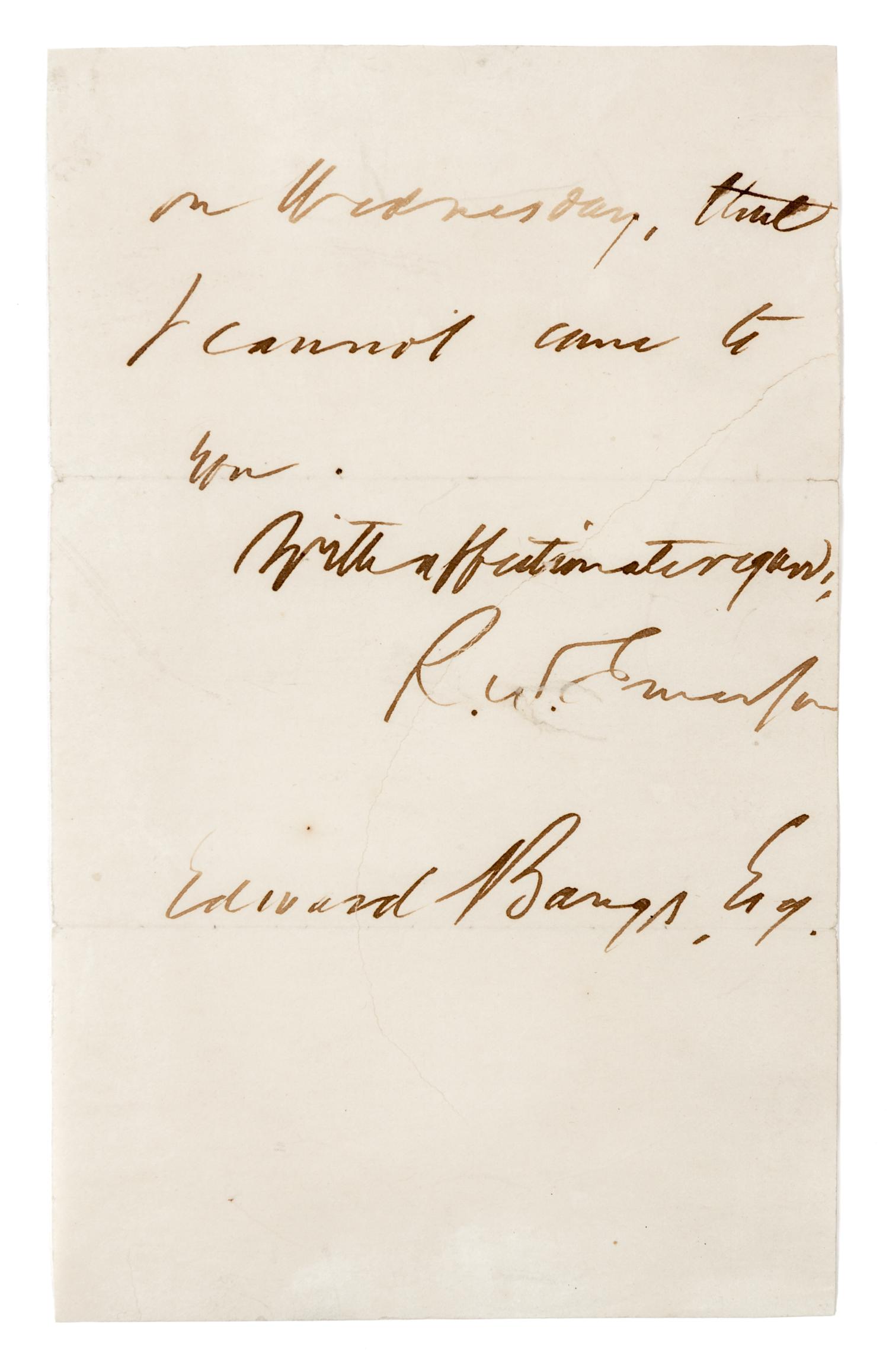 EMERSON, Ralph Waldo (1803-1882). Autograph letter signed ("R.W. Emerson"), to Mr. Edward Bangs. Concord, 18 June (no year).