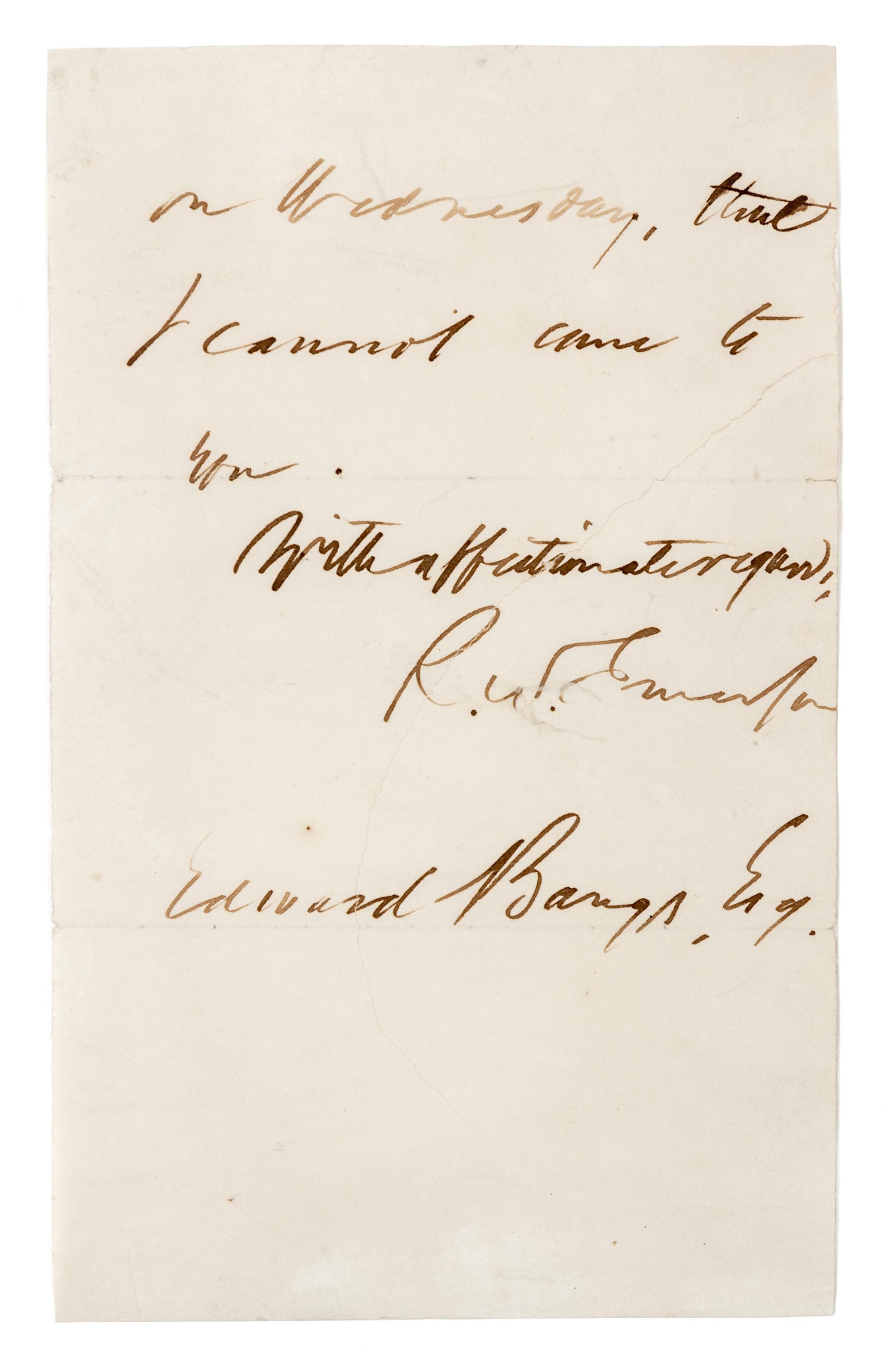 EMERSON, Ralph Waldo (1803-1882). Autograph letter signed ("R.W. Emerson"), to Mr. Edward Bangs. Concord, 18 June (no year).