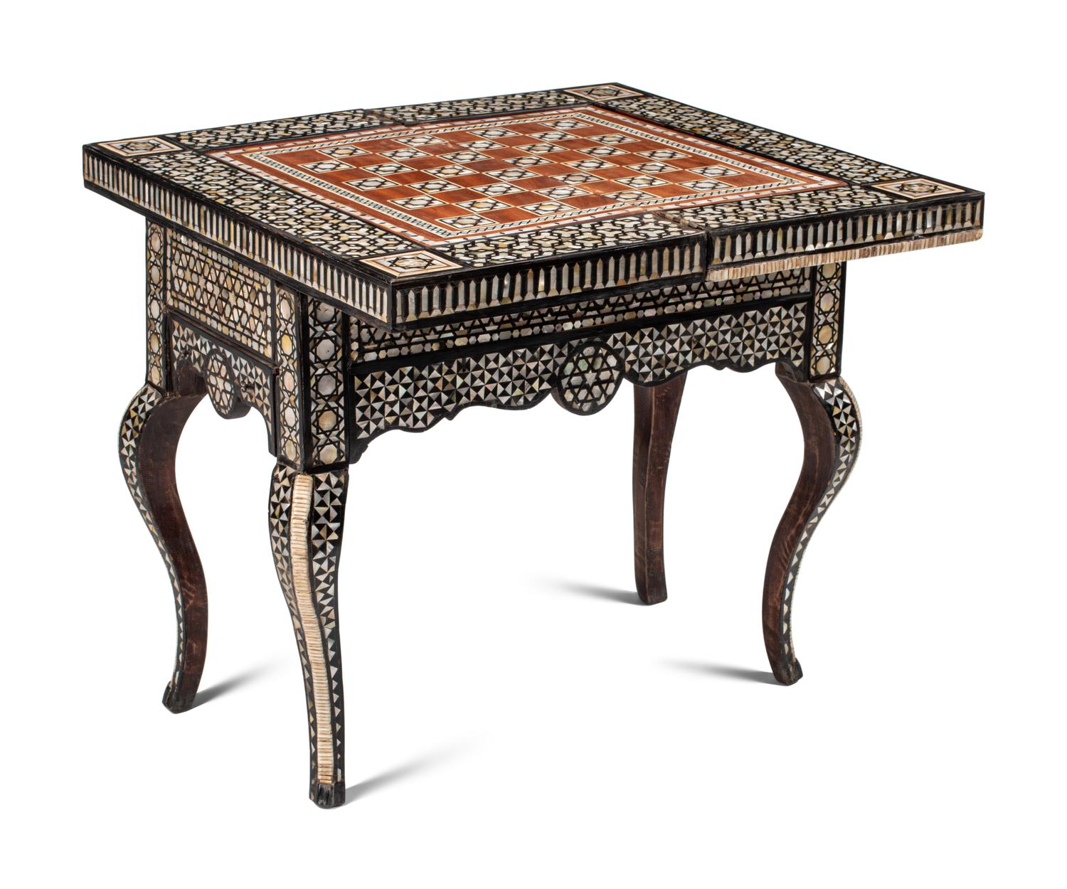 A Levantine Marquetry and Mother-of-Pearl Inlaid Flip-Top Swivel-Action Game Table