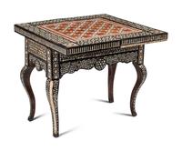 A Levantine Marquetry and Mother-of-Pearl Inlaid Flip-Top Swivel-Action Game Table