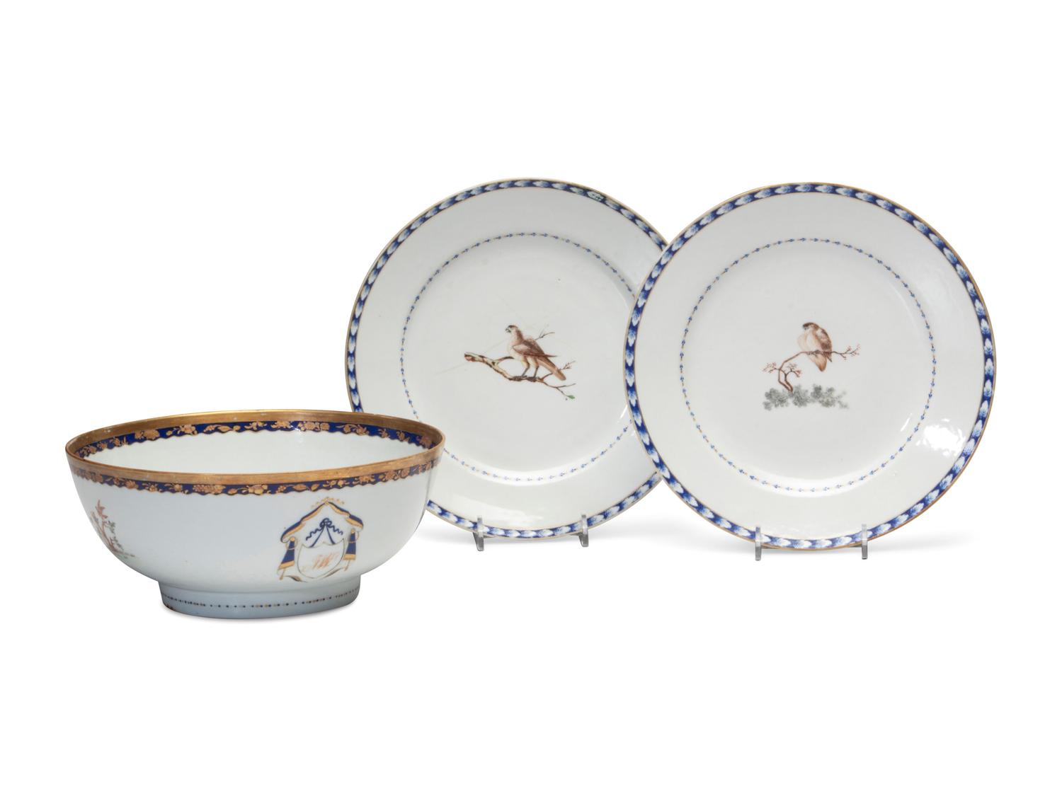 A Chinese Export Porcelain Bowl and Pair of Plates