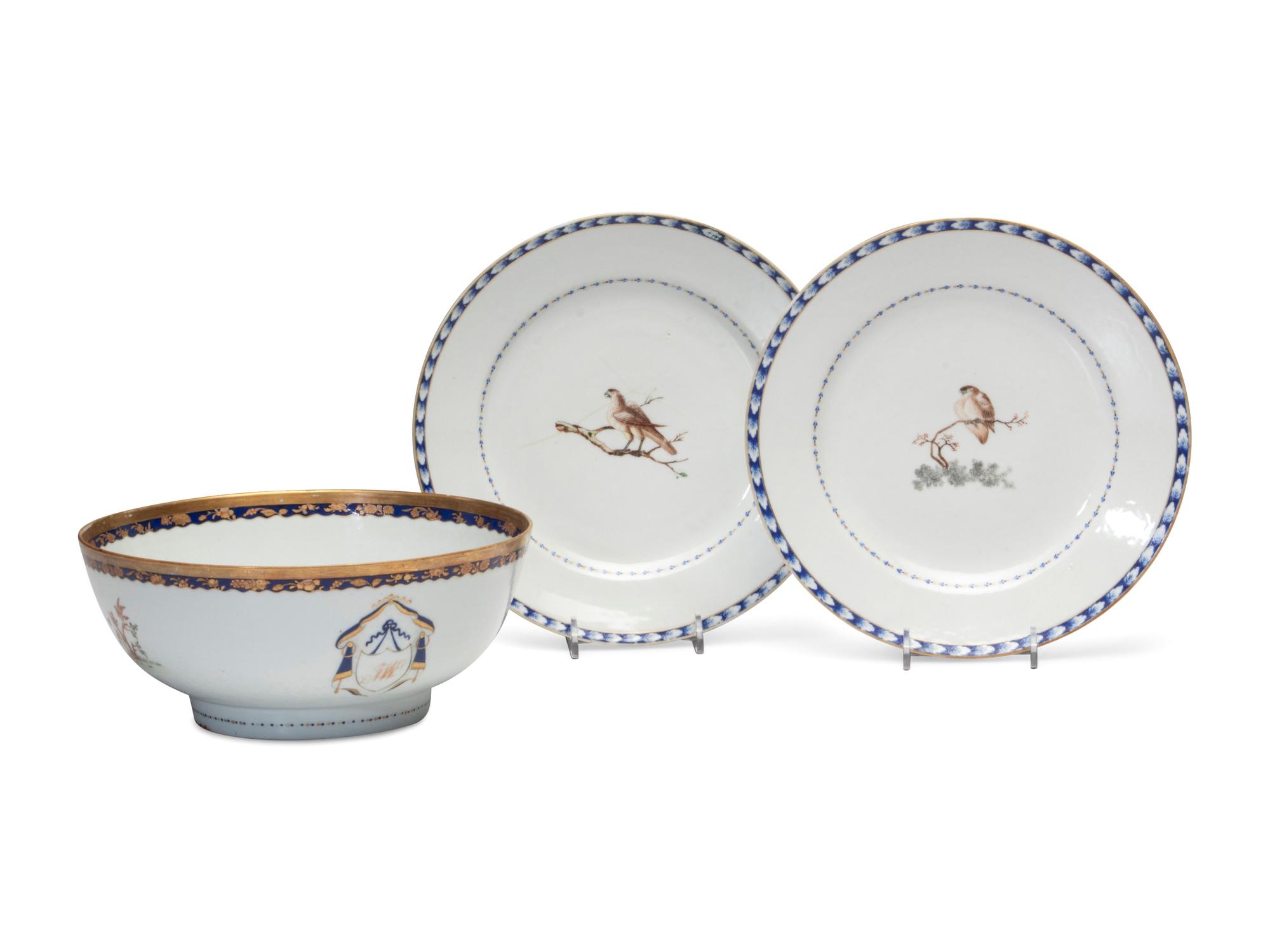 A Chinese Export Porcelain Bowl and Pair of Plates