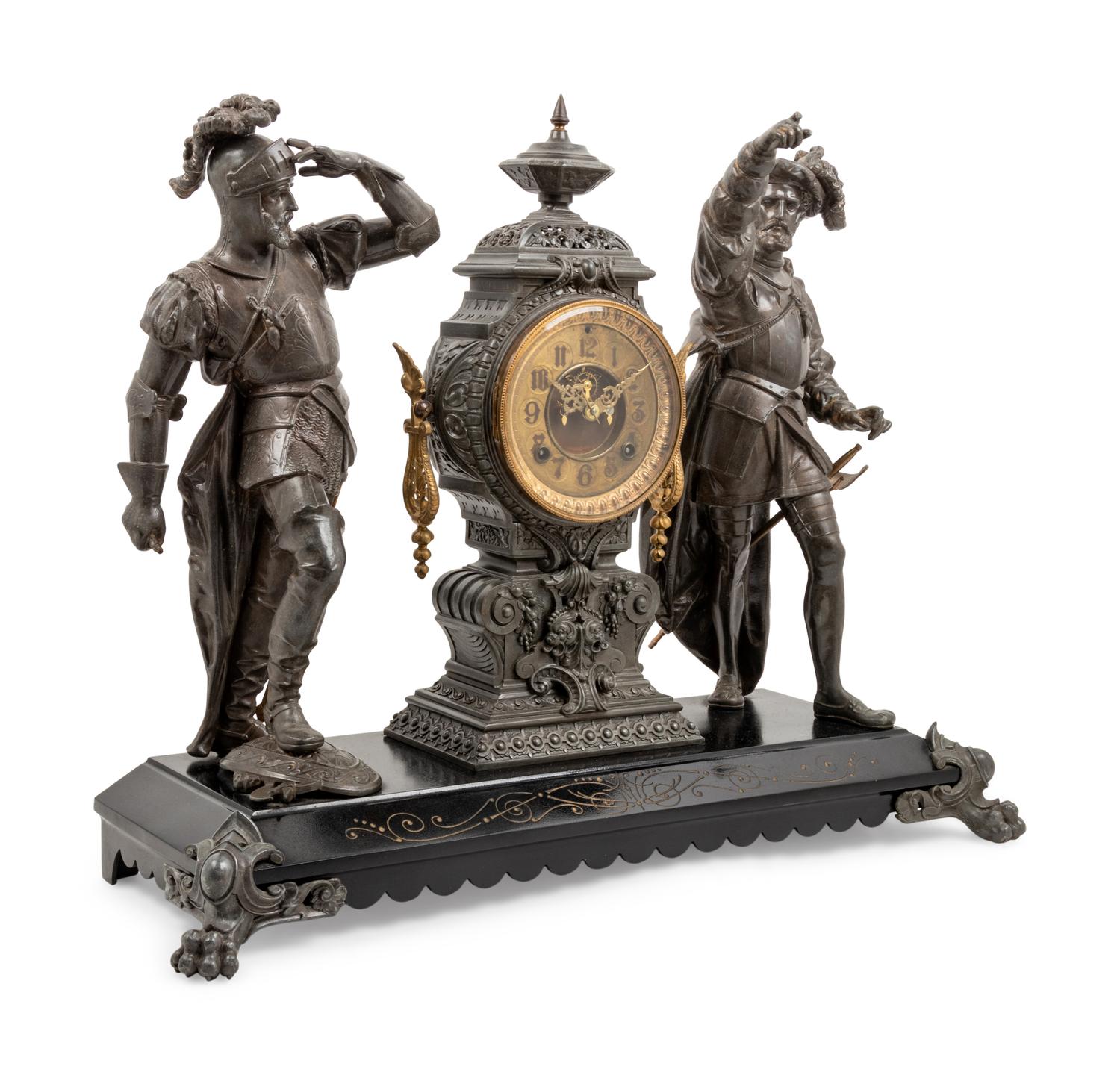 An Ansonia Pizarro & Cortez Silvered Metal Mantel Clock