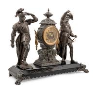 An Ansonia Pizarro & Cortez Silvered Metal Mantel Clock