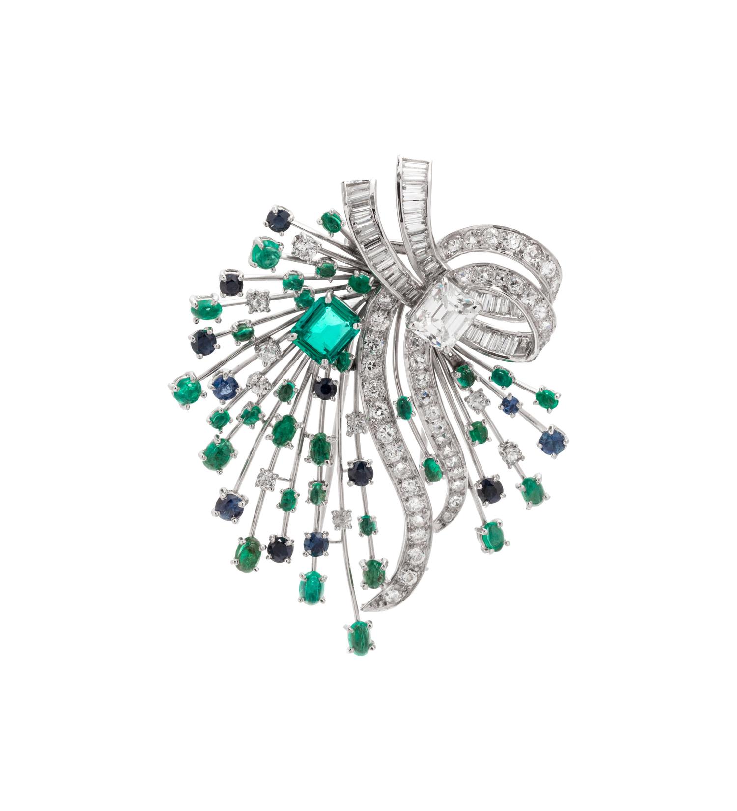Diamond, Emerald and Sapphire Spray Brooch