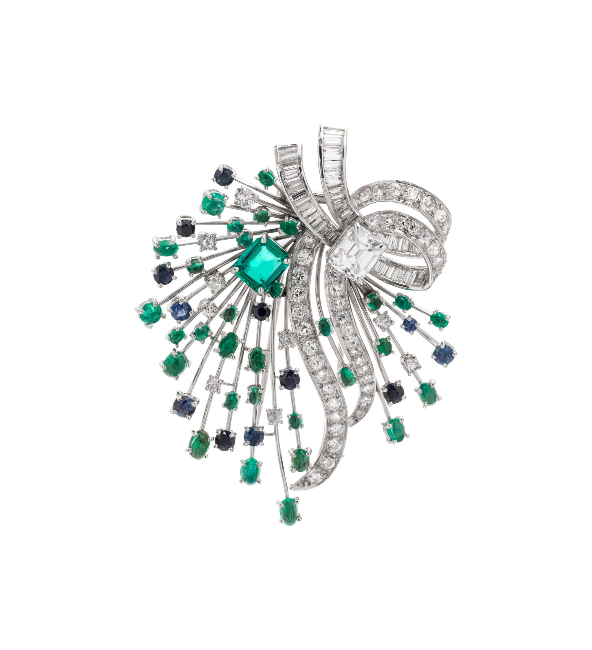 Diamond, Emerald and Sapphire Spray Brooch