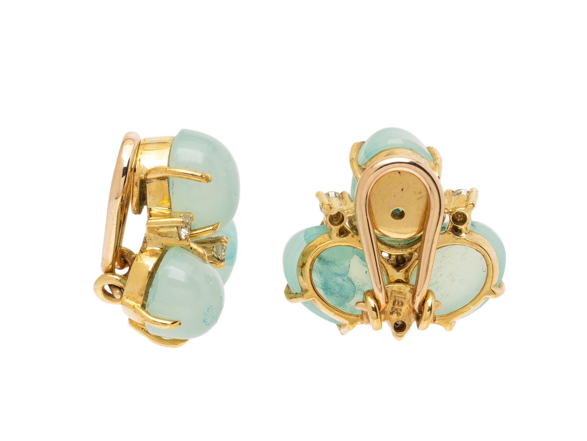 DYED GREEN CHALCEDONY AND DIAMOND EARRINGS