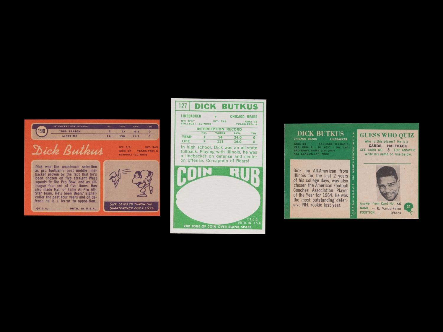A Group of Three Dick Butkus Football Cards Including a 1966 Philadelphia Rookie No. 31,