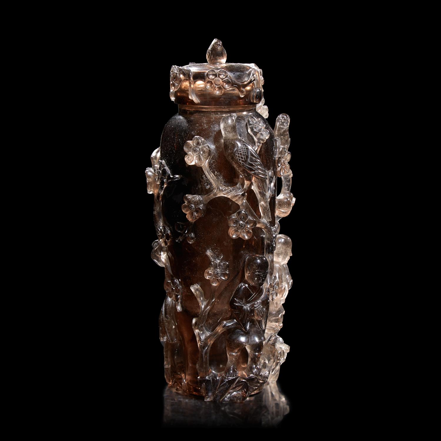 A Chinese Carved Smoky Quartz Vase and Cover 煙晶石鏤雕蓋瓶