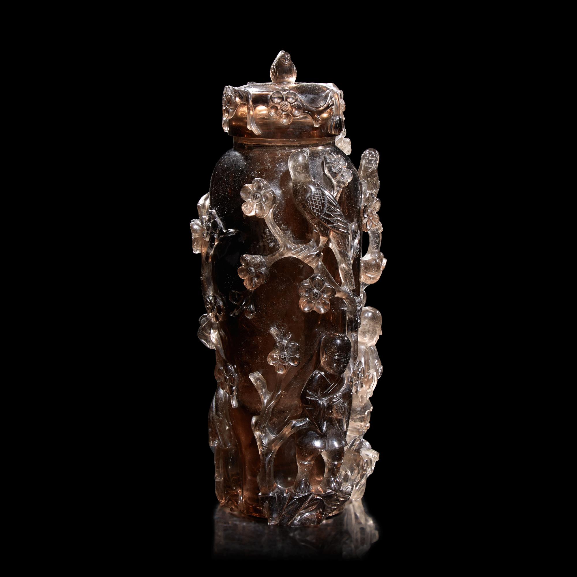 A Chinese Carved Smoky Quartz Vase and Cover 煙晶石鏤雕蓋瓶