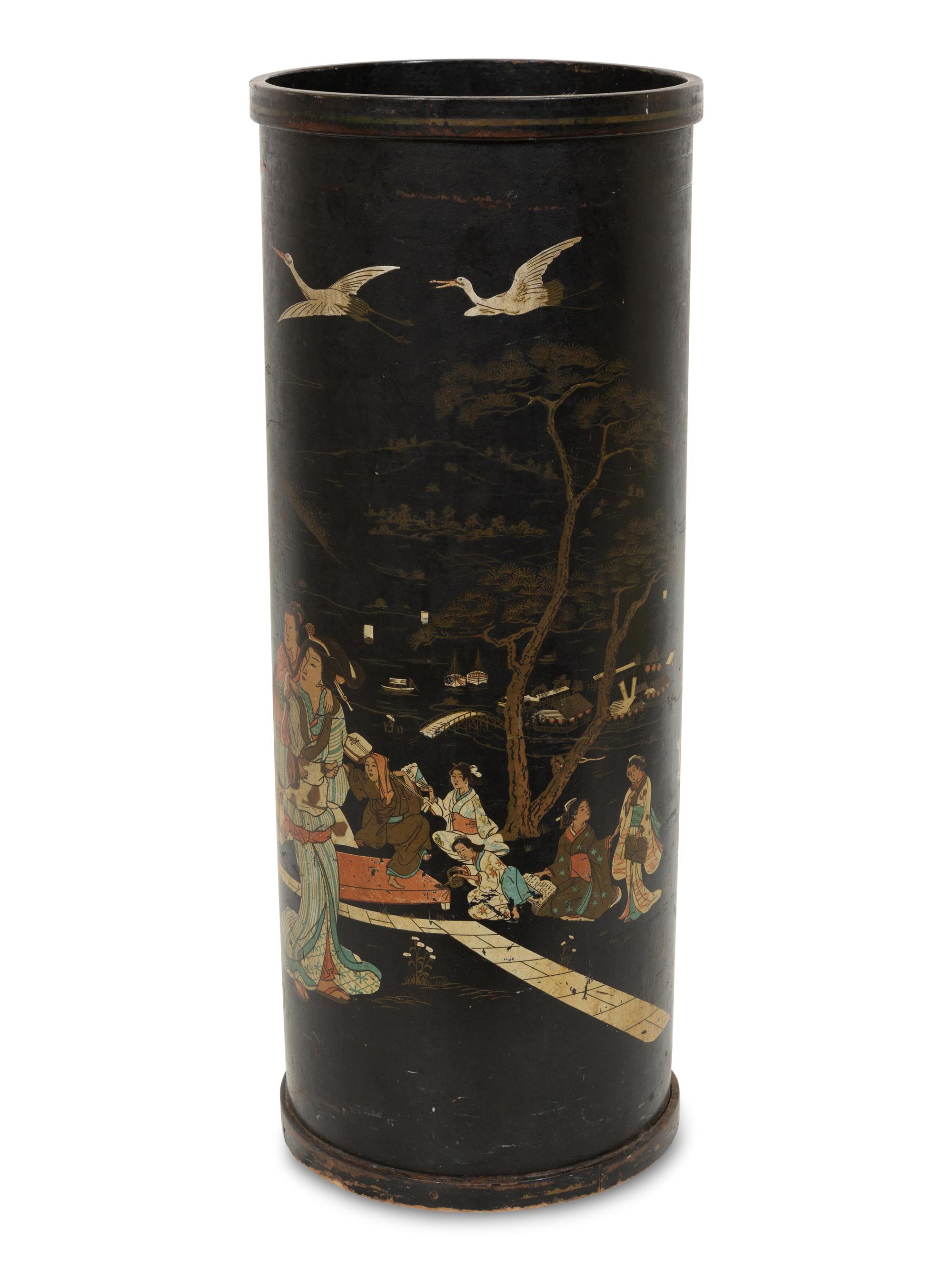 A Japanese Black and Polychrome Lacquer Umbrella Jar
