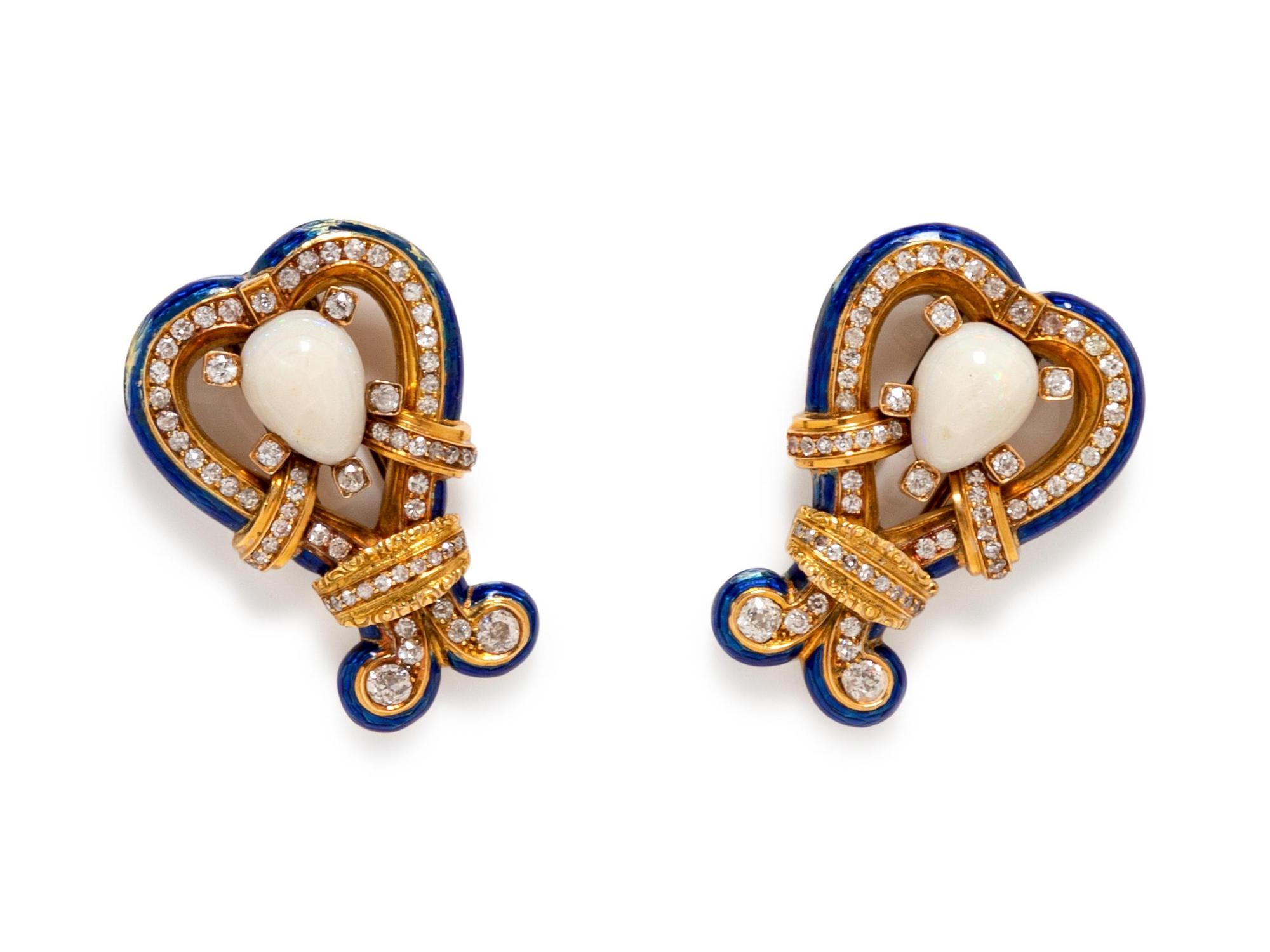 A Yellow Gold, Opal, Diamond and Enamel Demi-Parure,
