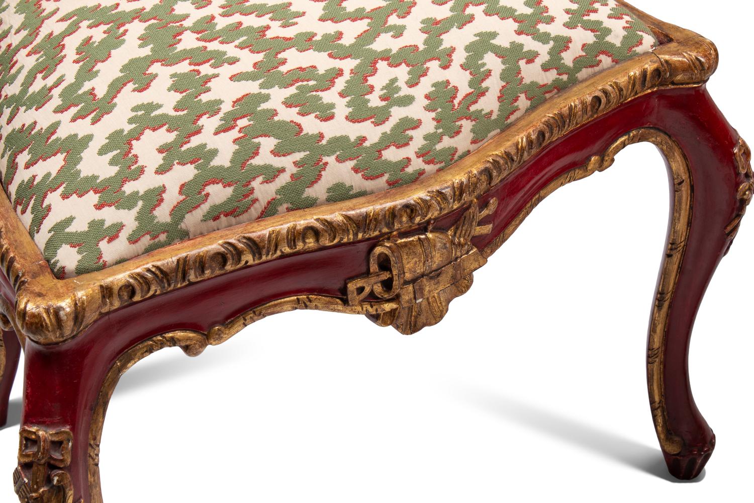 A Set of Six Italian Rococo Red-Painted and Parcel Gilt Dining Chairs