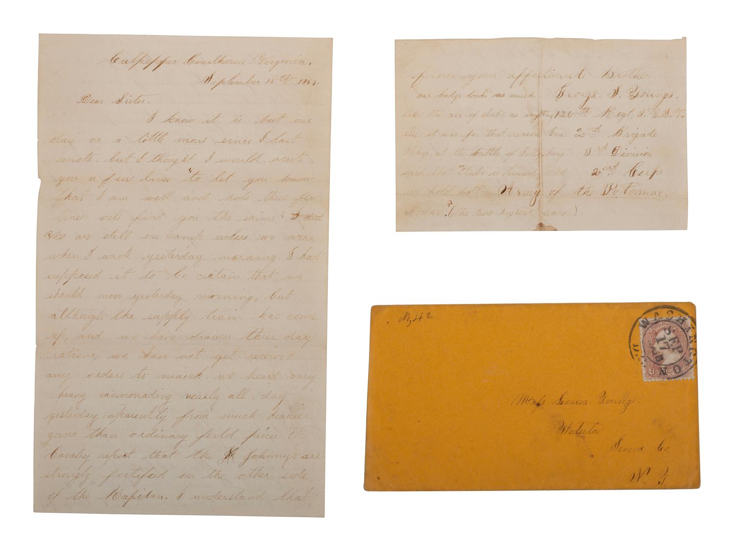 Private George S. Young, Company G, 126th New York State Volunteers. Autographed letter requesting a new corps badge. "Culpepper Courthouse," VA, 15 September 1863.