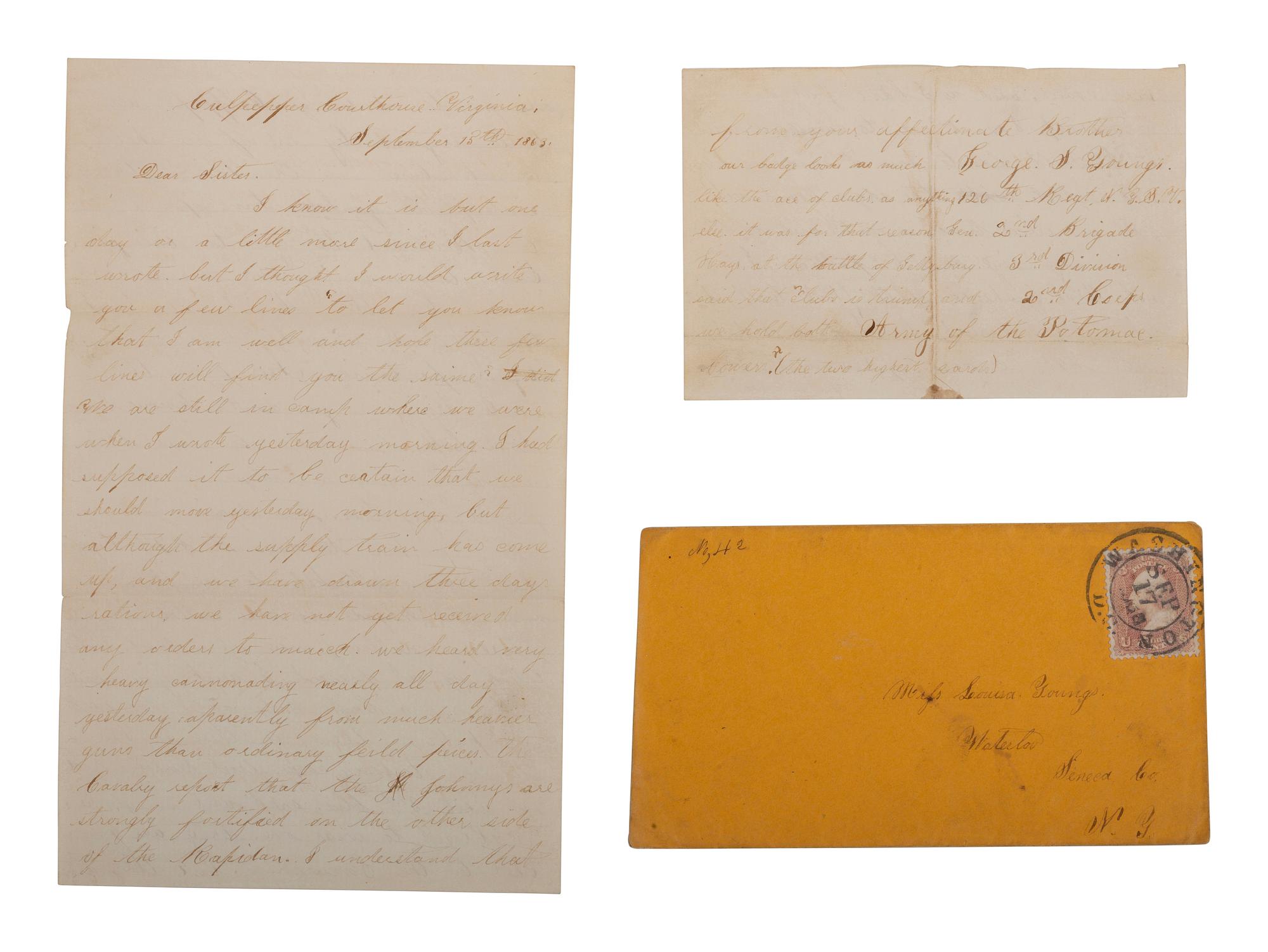 Private George S. Young, Company G, 126th New York State Volunteers. Autographed letter requesting a new corps badge. "Culpepper Courthouse," VA, 15 September 1863.