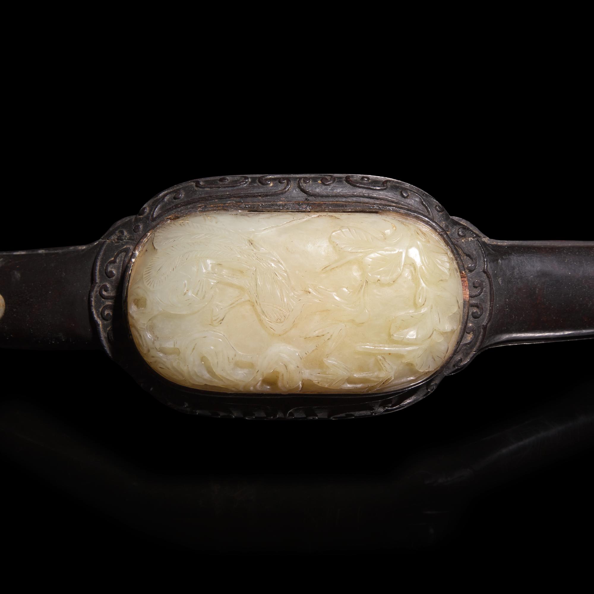 A Chinese Jade Inset Hardwood Ruyi Scepter, Late 19th-20th Century — 晚清-民國 白玉三鑲硬木如意