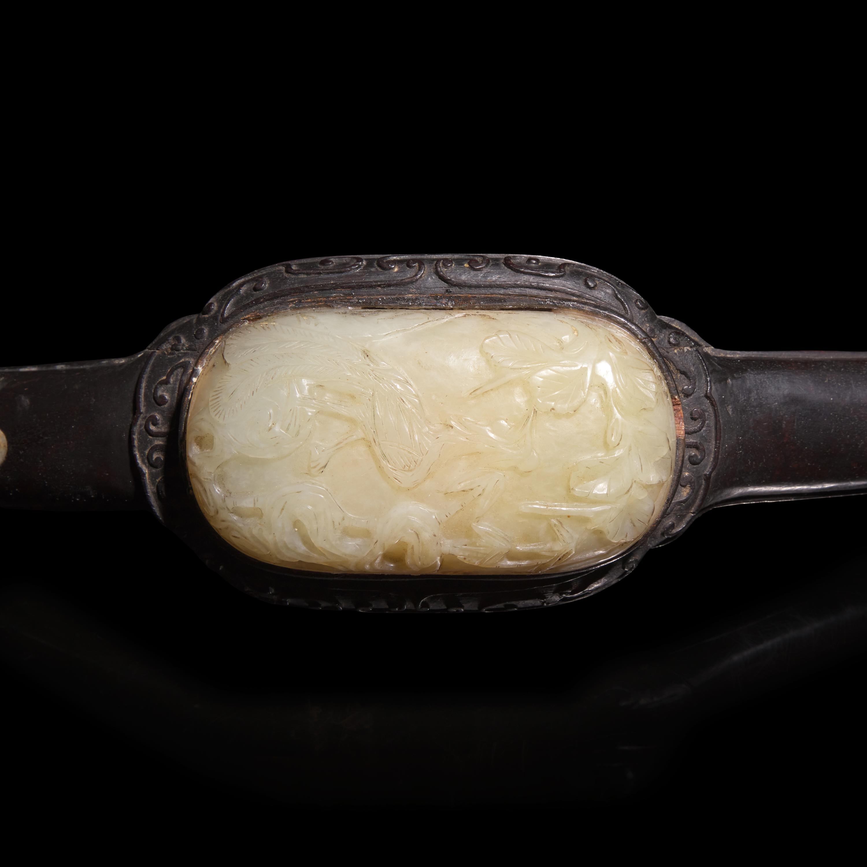 A Chinese Jade Inset Hardwood Ruyi Scepter, Late 19th-20th Century — 晚清-民國 白玉三鑲硬木如意