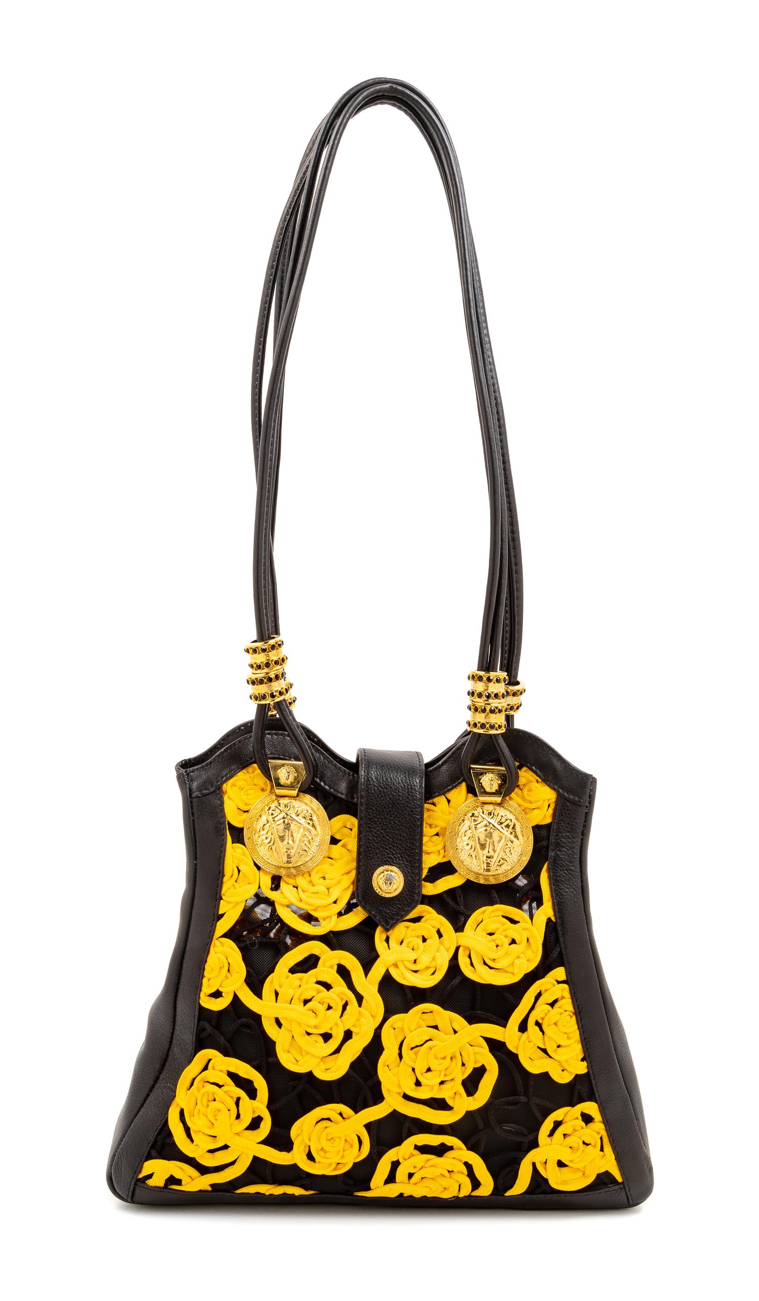 Gianni Versace Black Yellow Floral Handbag, 1990s 11.75" L x 2" W x 10.5" H; strap drop: 14"