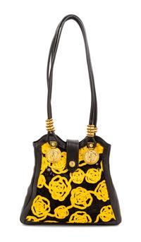 Gianni Versace Black Yellow Floral Handbag, 1990s 11.75" L x 2" W x 10.5" H; strap drop: 14"