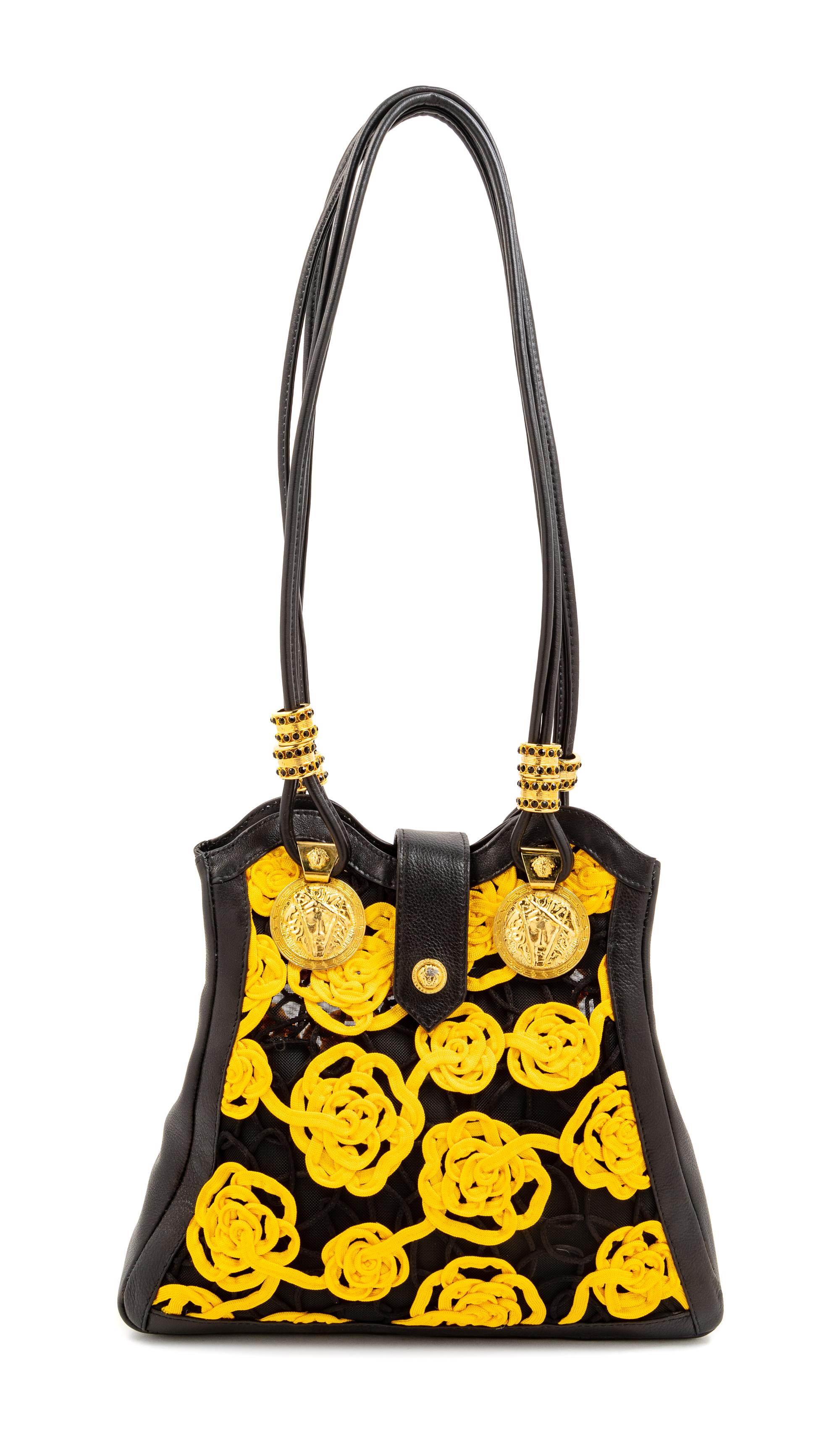 Gianni Versace Black Yellow Floral Handbag, 1990s 11.75" L x 2" W x 10.5" H; strap drop: 14"